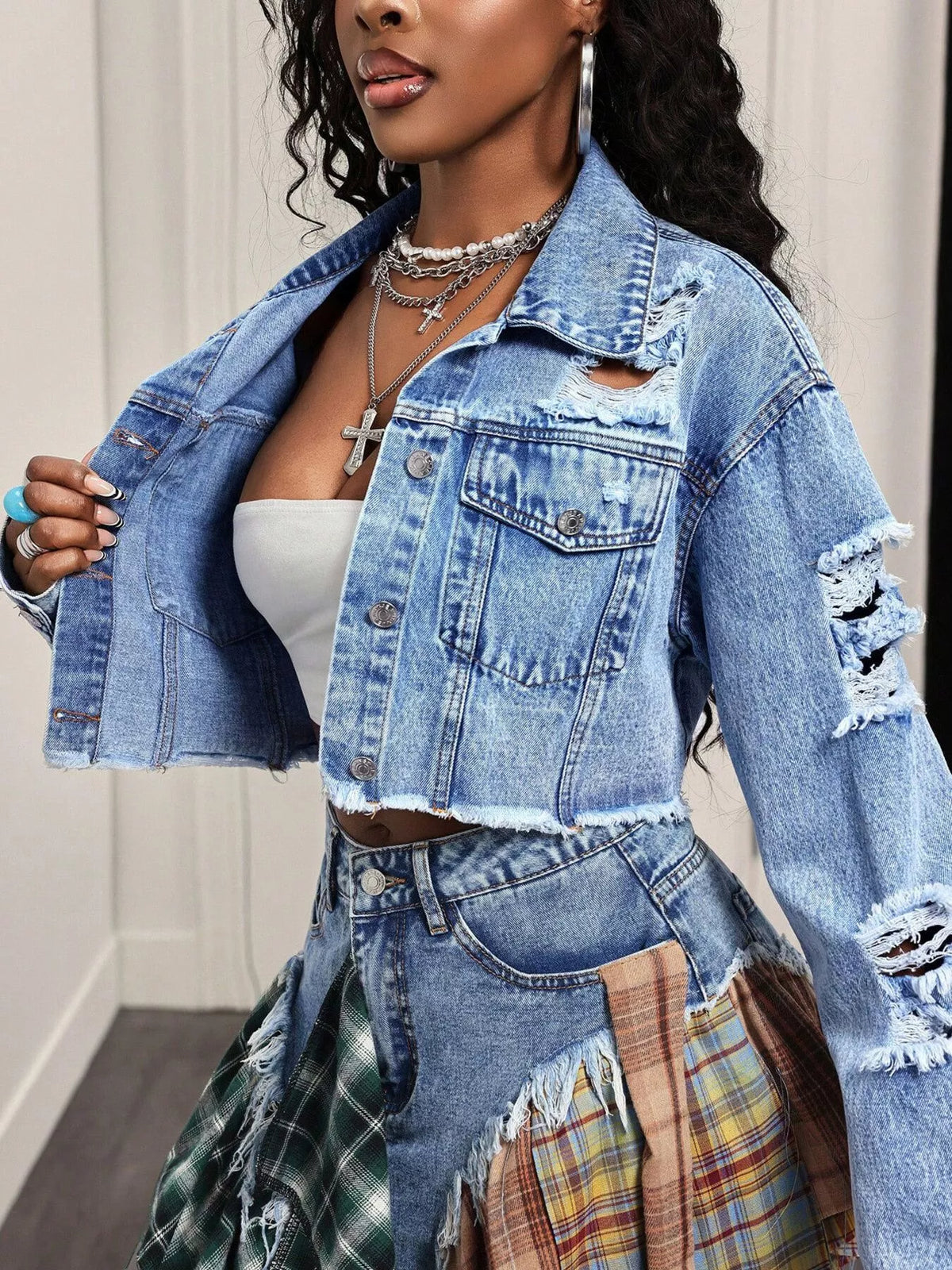 Distressed Cropped Denim Jacket in Blue, view 6