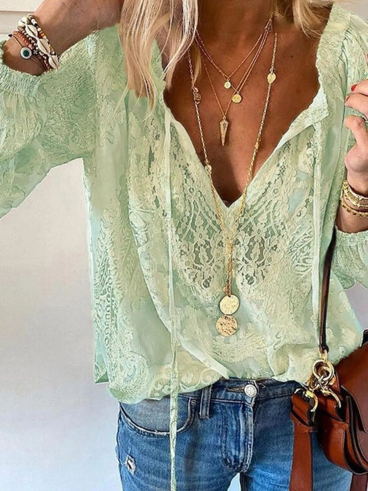 Lace Tie Neck Long Sleeve Blouse in Light Green