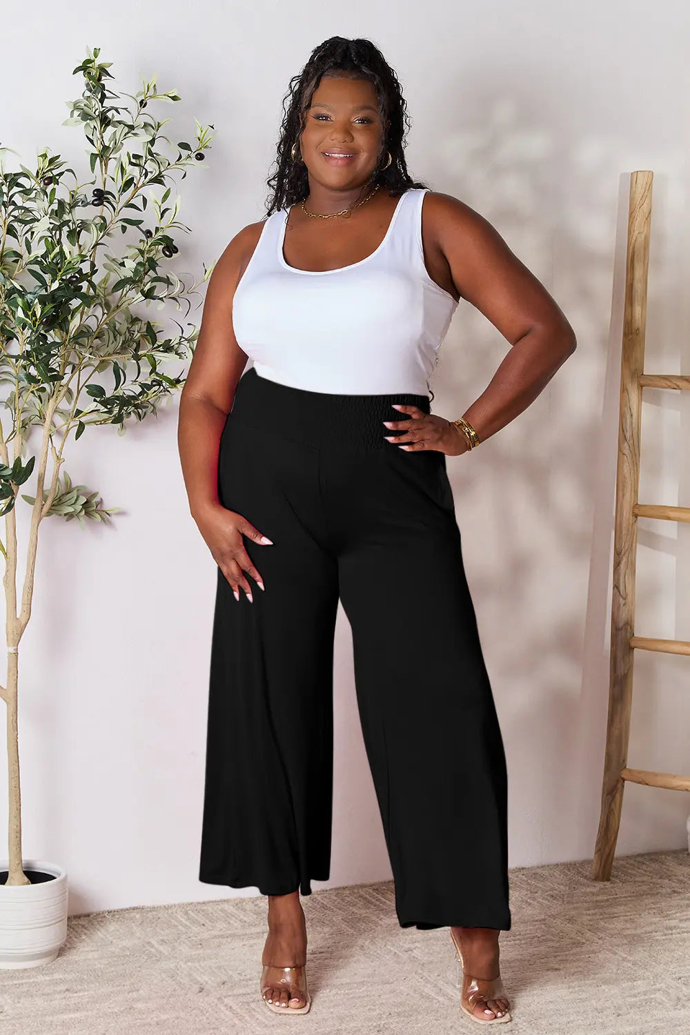 Basic Bae Full Size Smocked Wide Waistband Wide Leg Pants - Lilixa.store