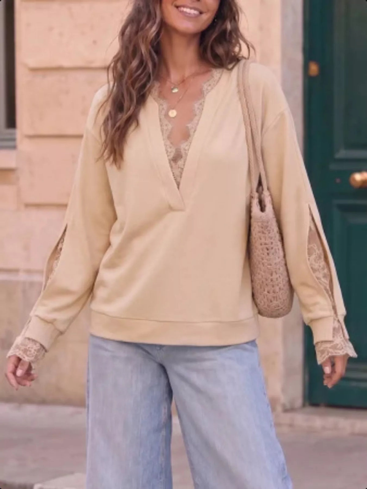 Lace Trim Split Sleeve Sweatshirt