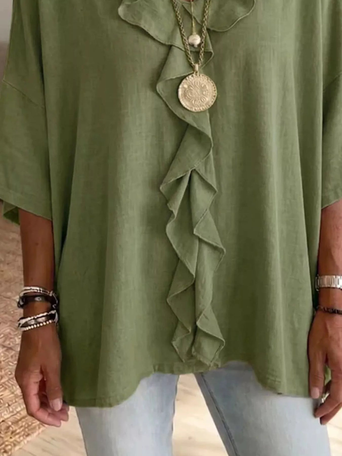Full Size Ruffled V-Neck 3/4 Sleeve Blouse Plus Size, view 4