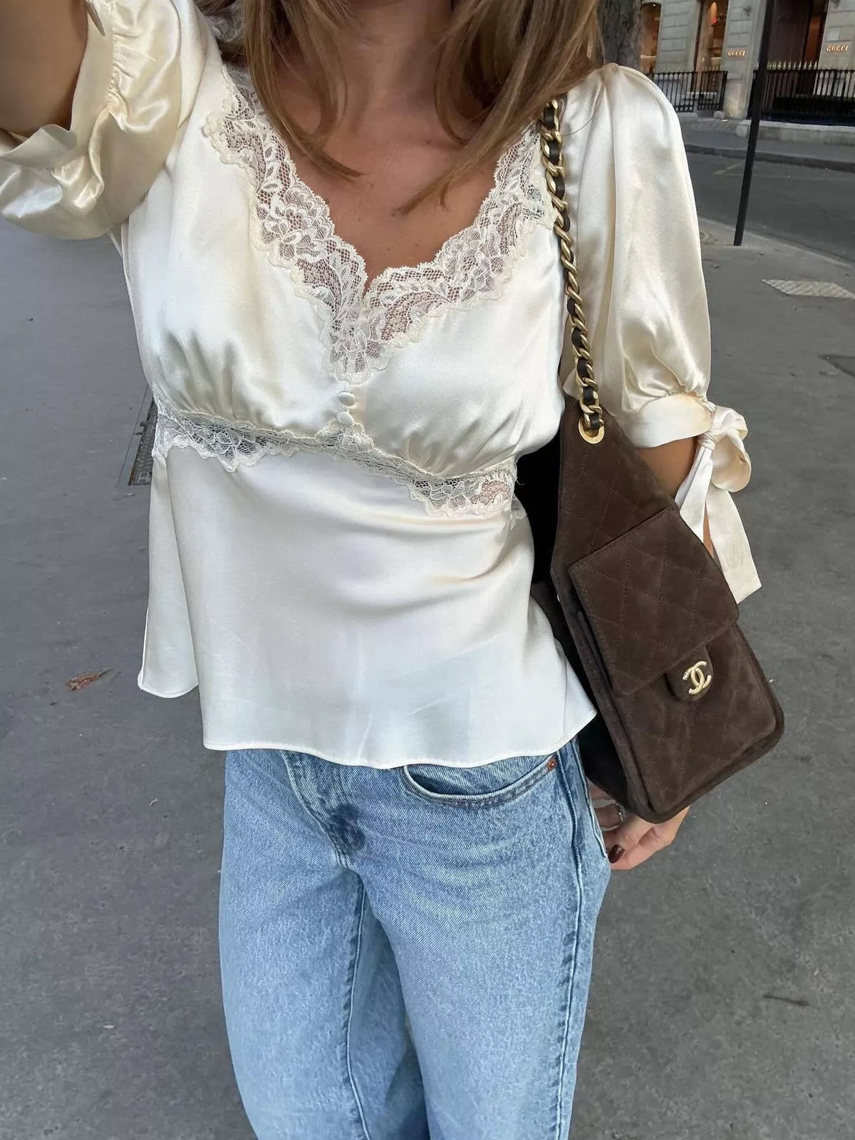 Satin Lace Trim and Tie-Sleeve Detail Blouse in Cream, view 3
