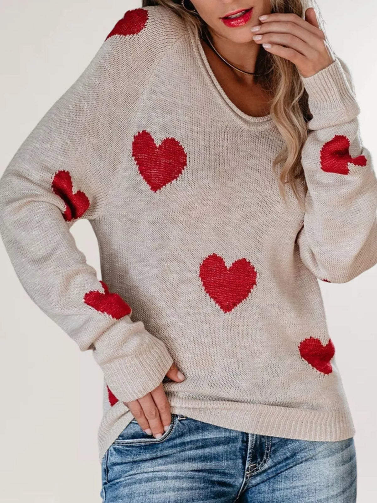 Heart Pattern V-Neck Sweater