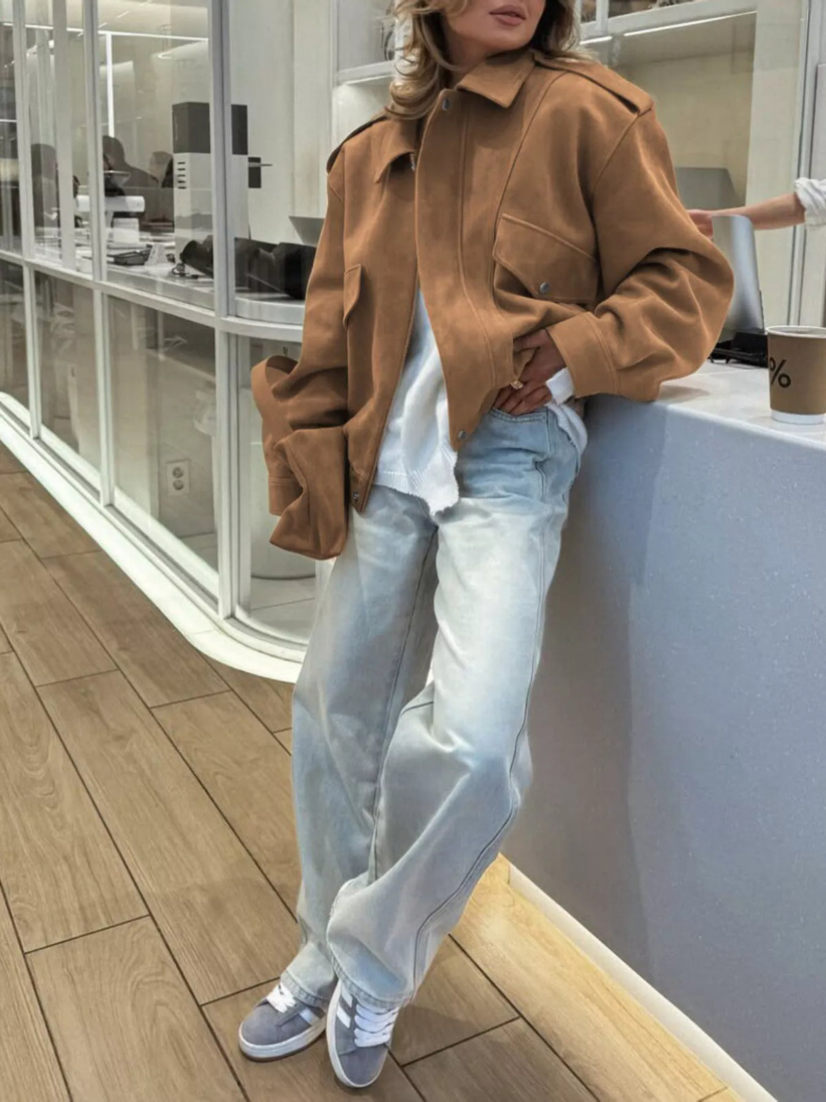 Zip Up Oversized Jacket in Taupe, view 4