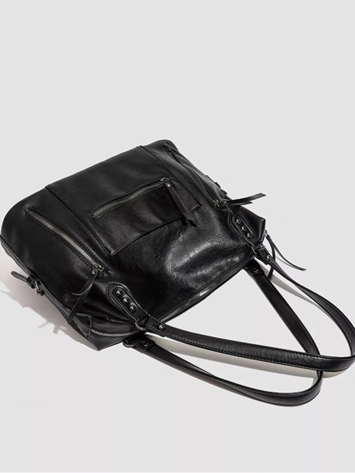 Multi-Pocket Zippered Shoulder Bag in Black, view 7