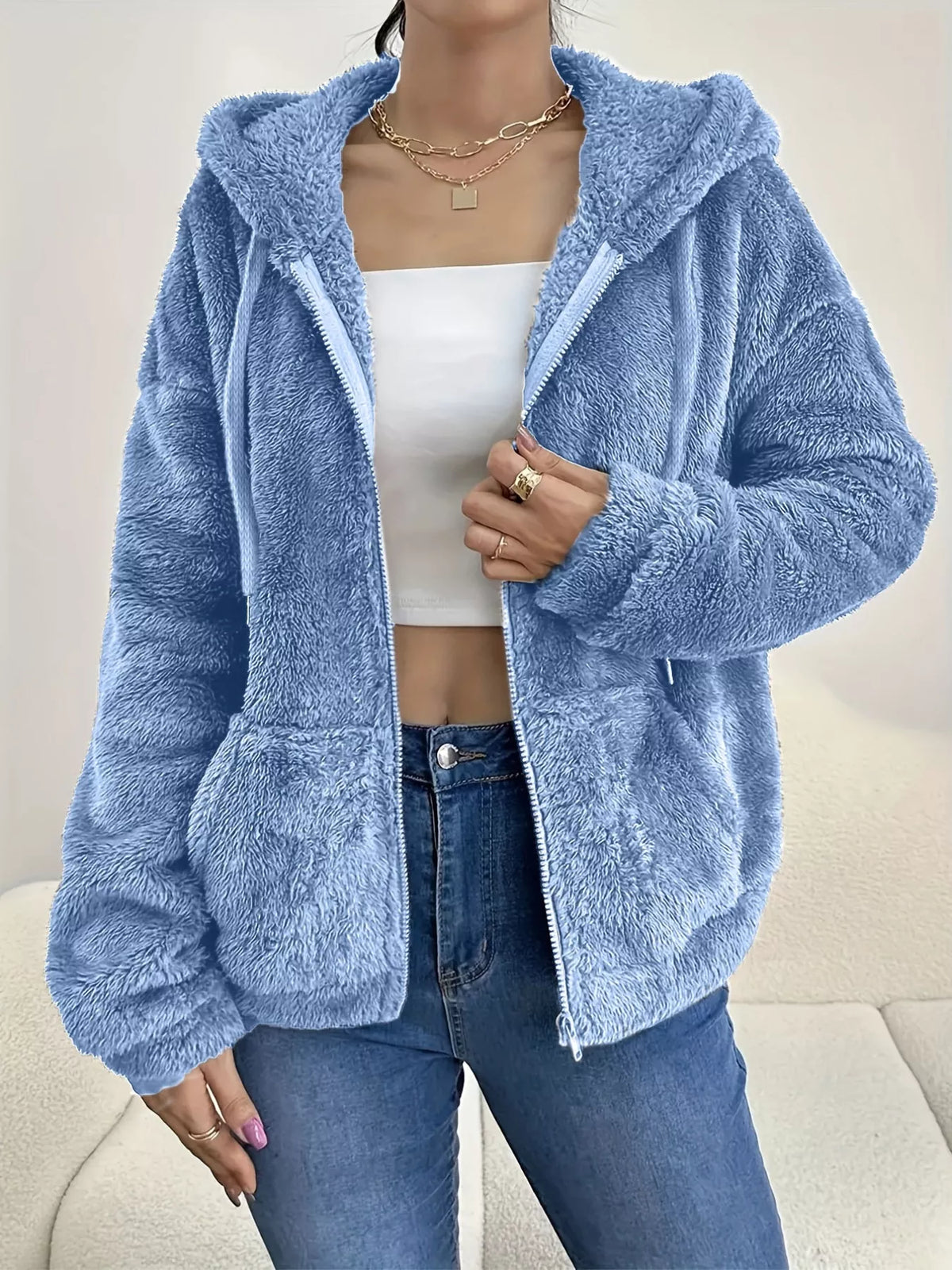 Drawstring Fleece Zip-Up Outerwear in Sky Blue