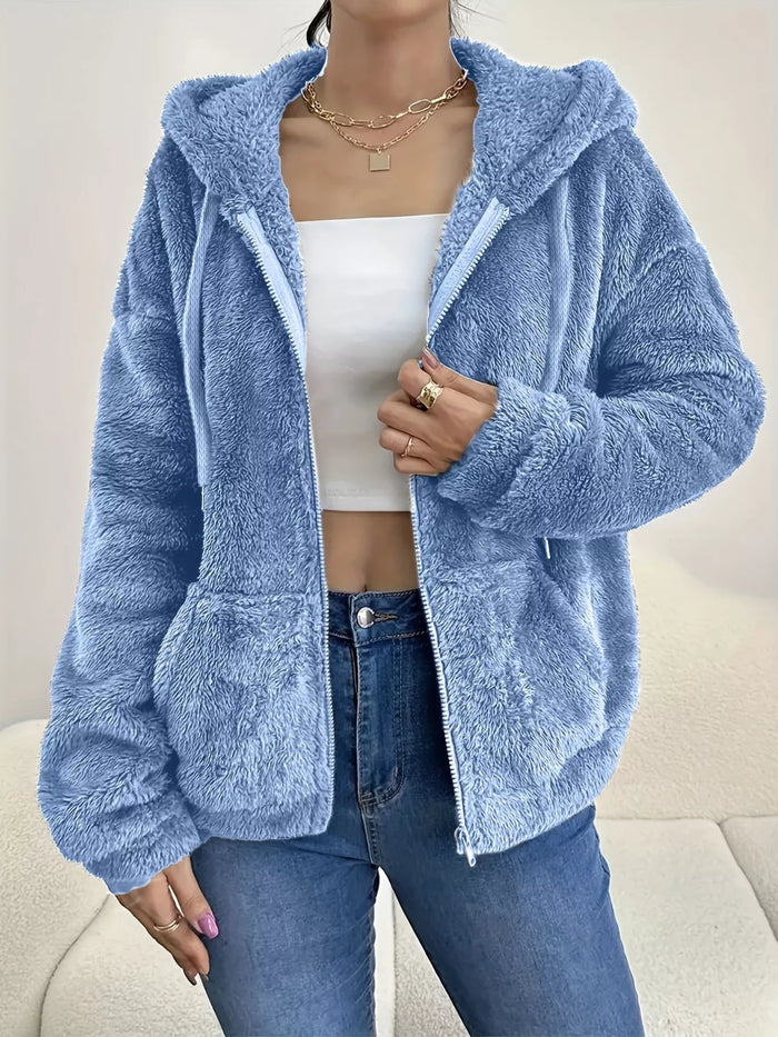 Drawstring Fleece Zip-Up Outerwear in Sky Blue