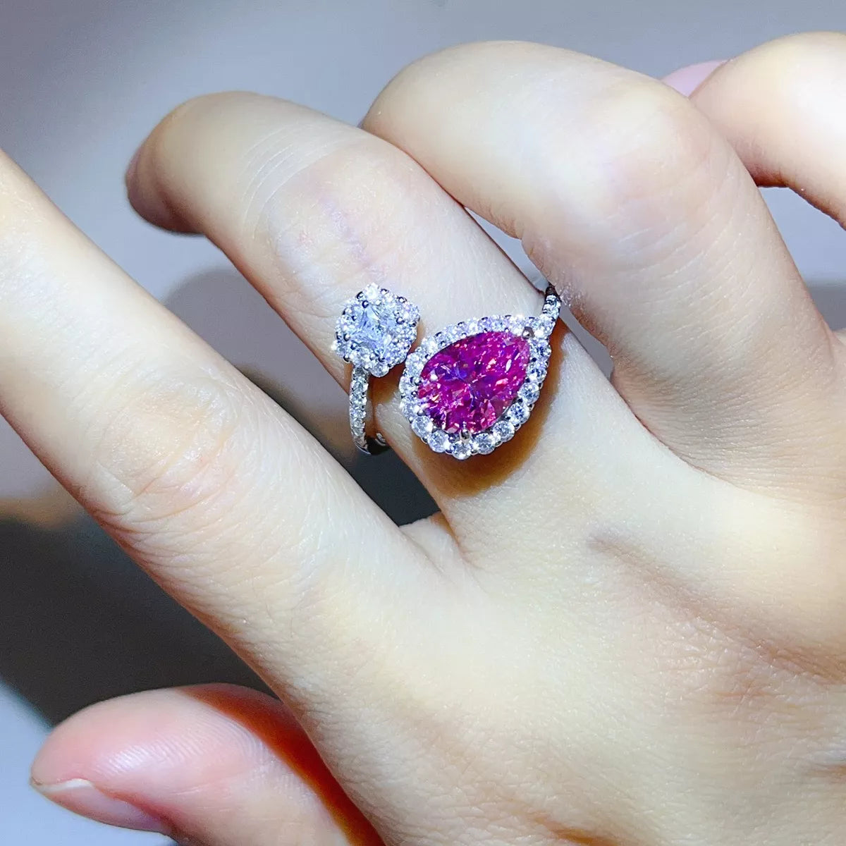 2 Carat Moissanite 925 Sterling Silver Bypass Ring in Hot Pink