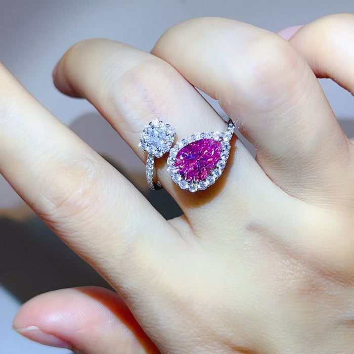 2 Carat Moissanite 925 Sterling Silver Bypass Ring in Hot Pink