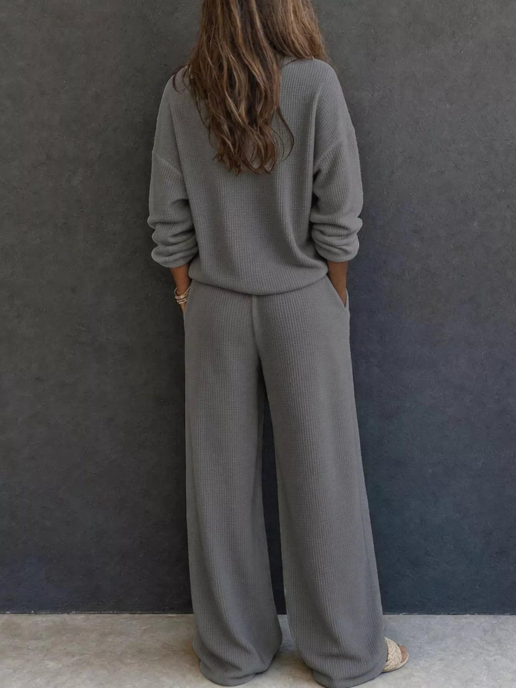 Waffle Knit Henley Top and Wide Leg Pants Set - Lilixa.store