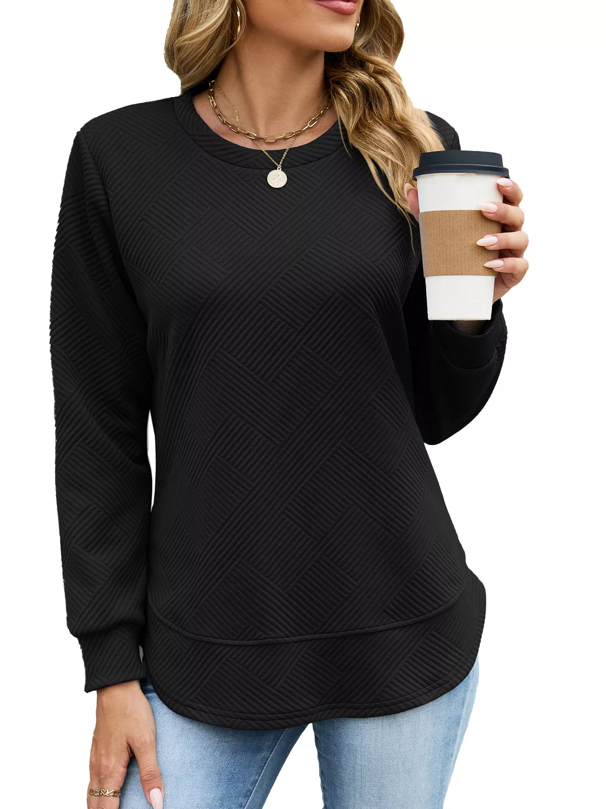 Textured Crew Neck Sweatshirt - Lilixa.store