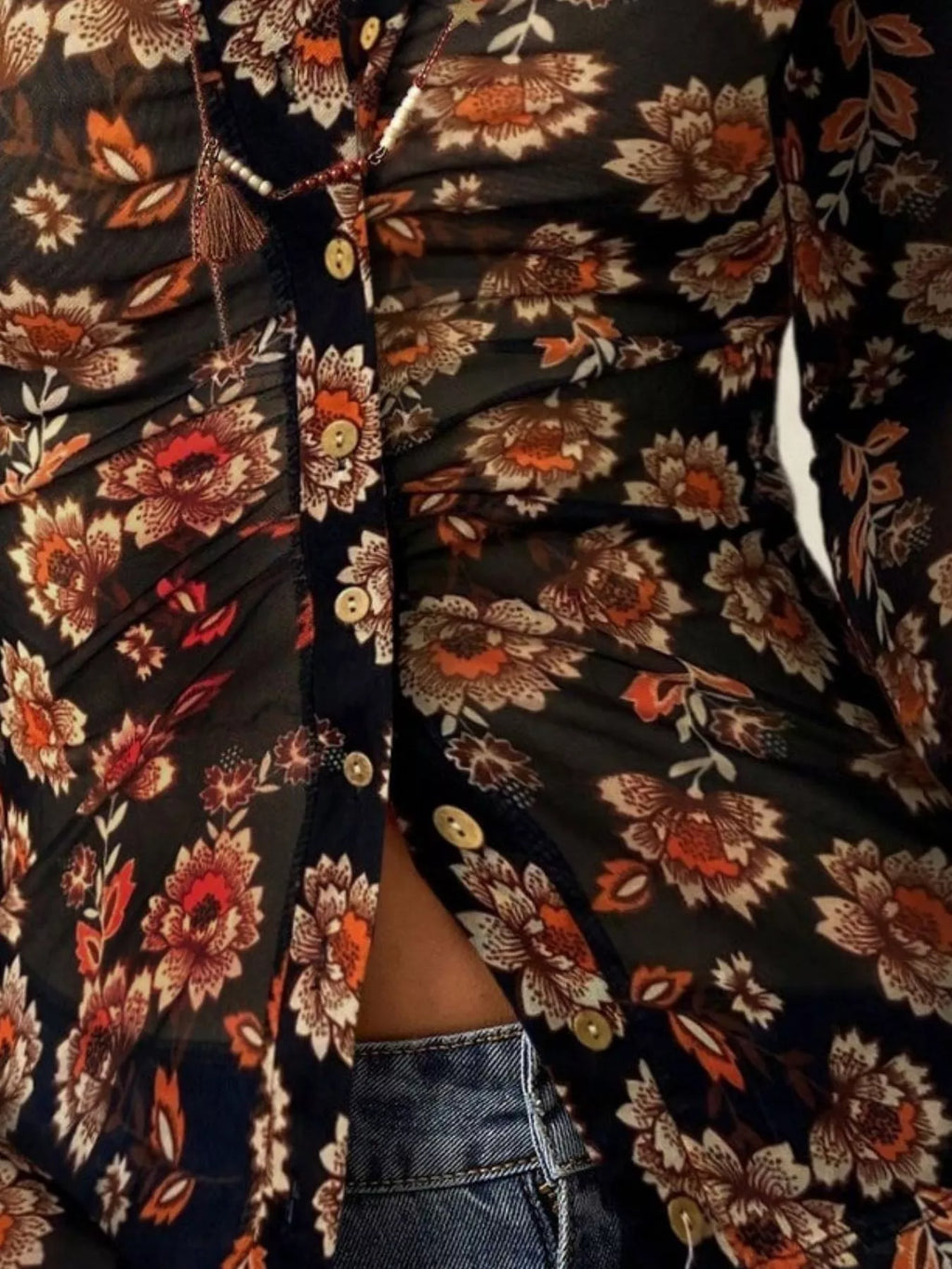 Printed Flare Sleeve Button Down Top - Lilixa.store