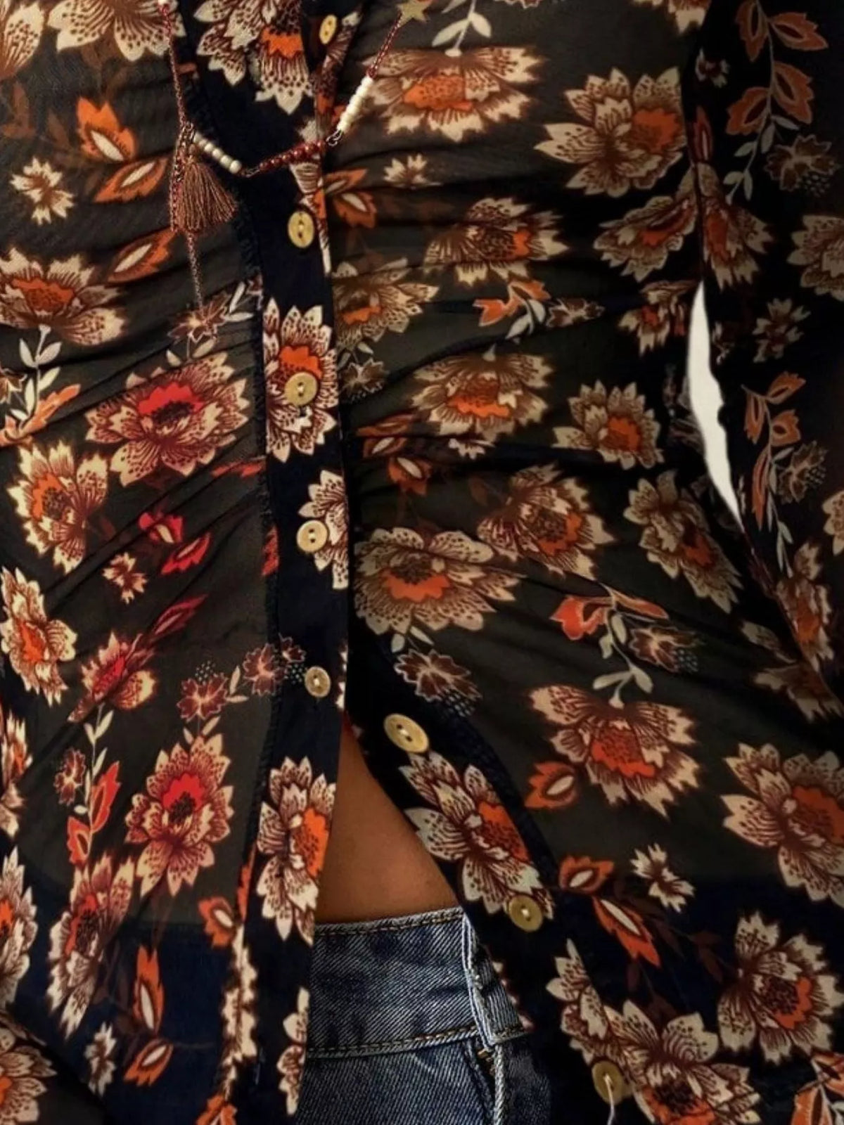 Printed Flare Sleeve Button Down Top