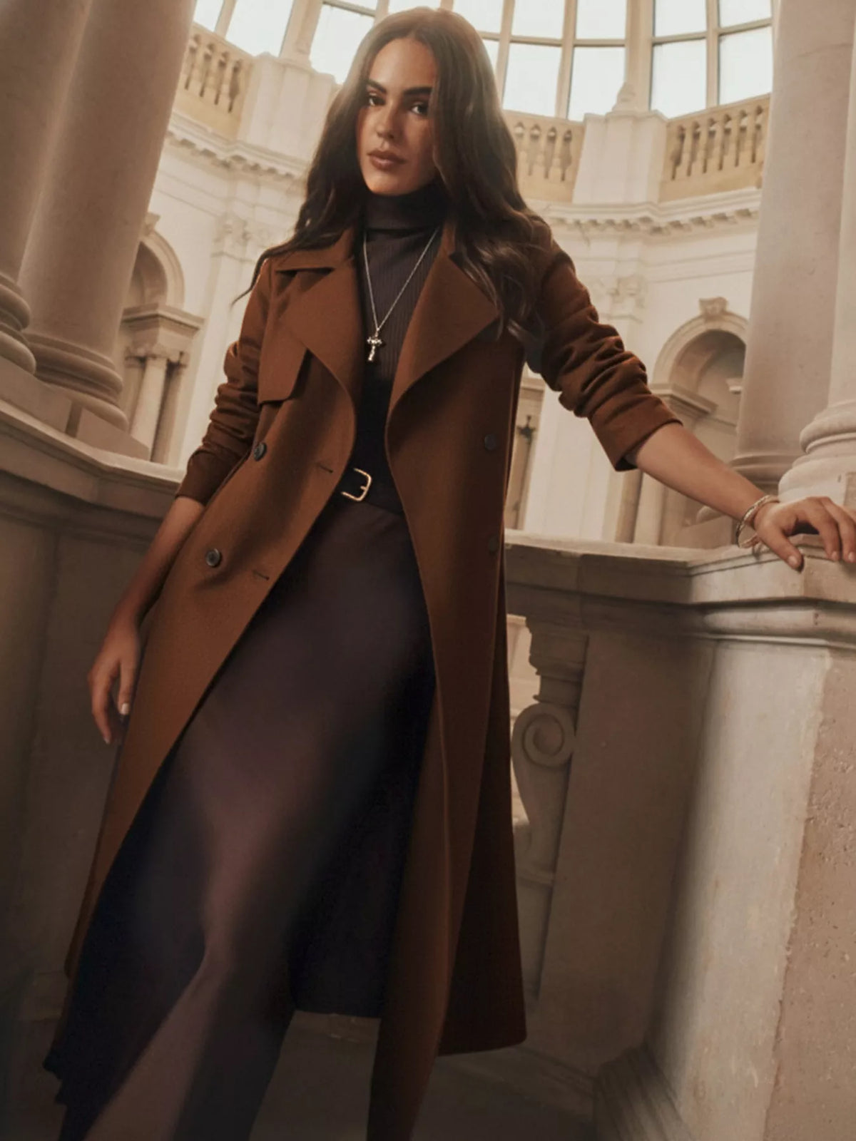 Lapel Collar Belted Wool Blend Coat in Brown, view 2