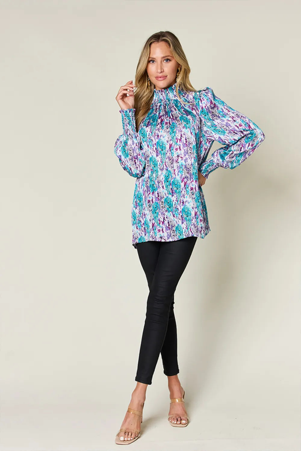 Double Take Full Size Printed Smocked Long Sleeve Blouse - Lilixa.store