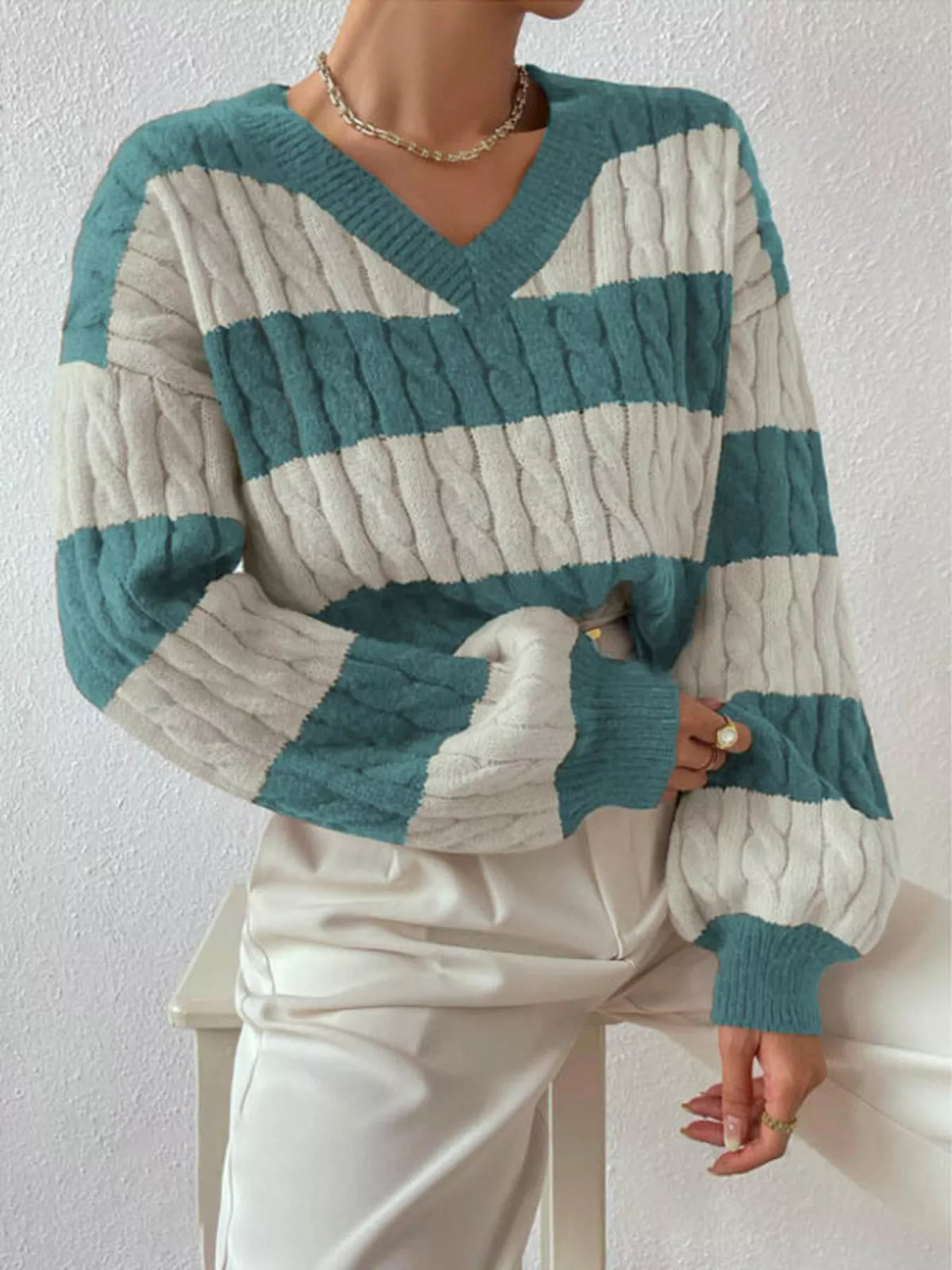 V-Neck Striped Cable Knit Sweater