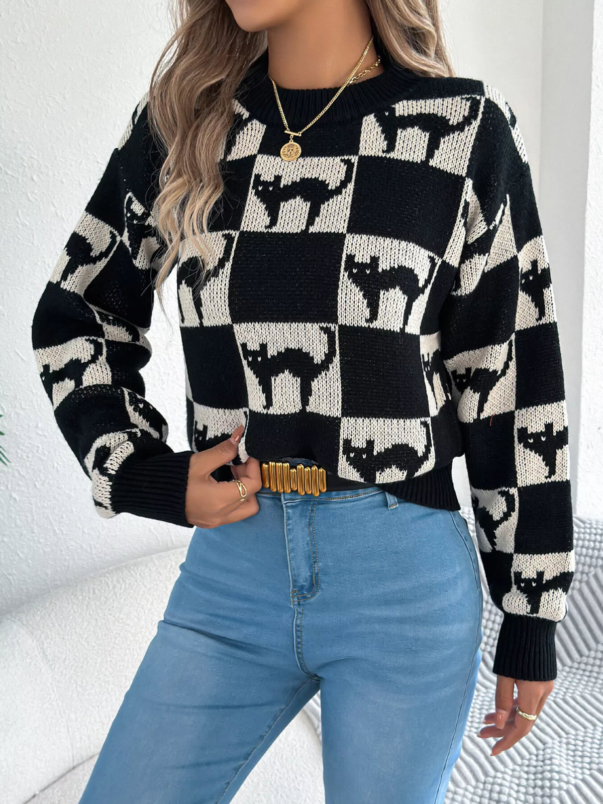 Checkerboard Halloween Graphic Sweater