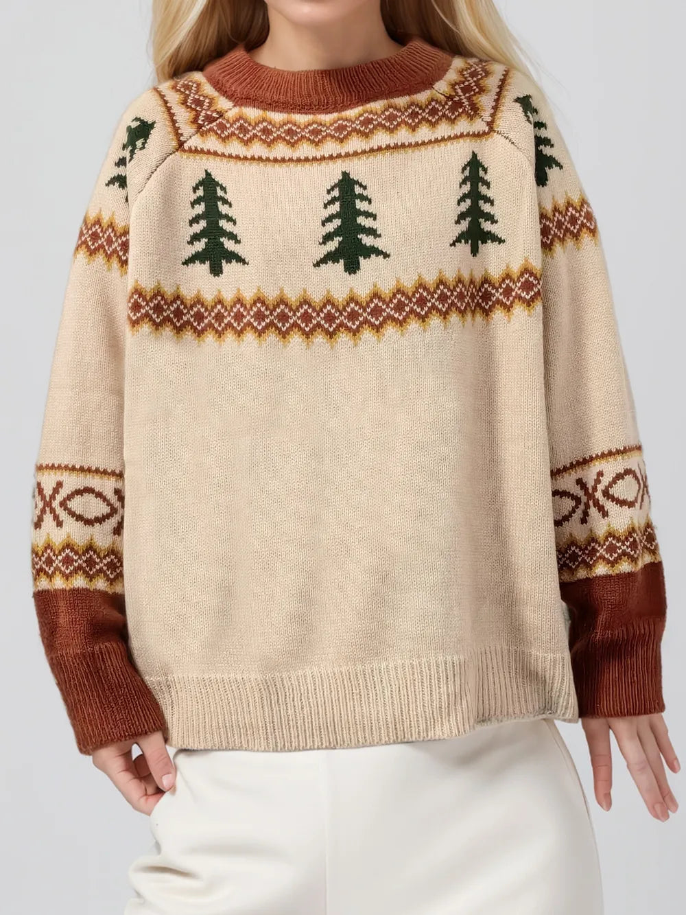 Graphic Round Neck Long Sleeve Sweater - Lilixa.store