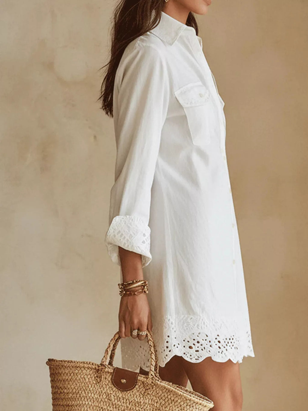 Button-Down Shirt Dress with Lace Trim - Lilixa.store