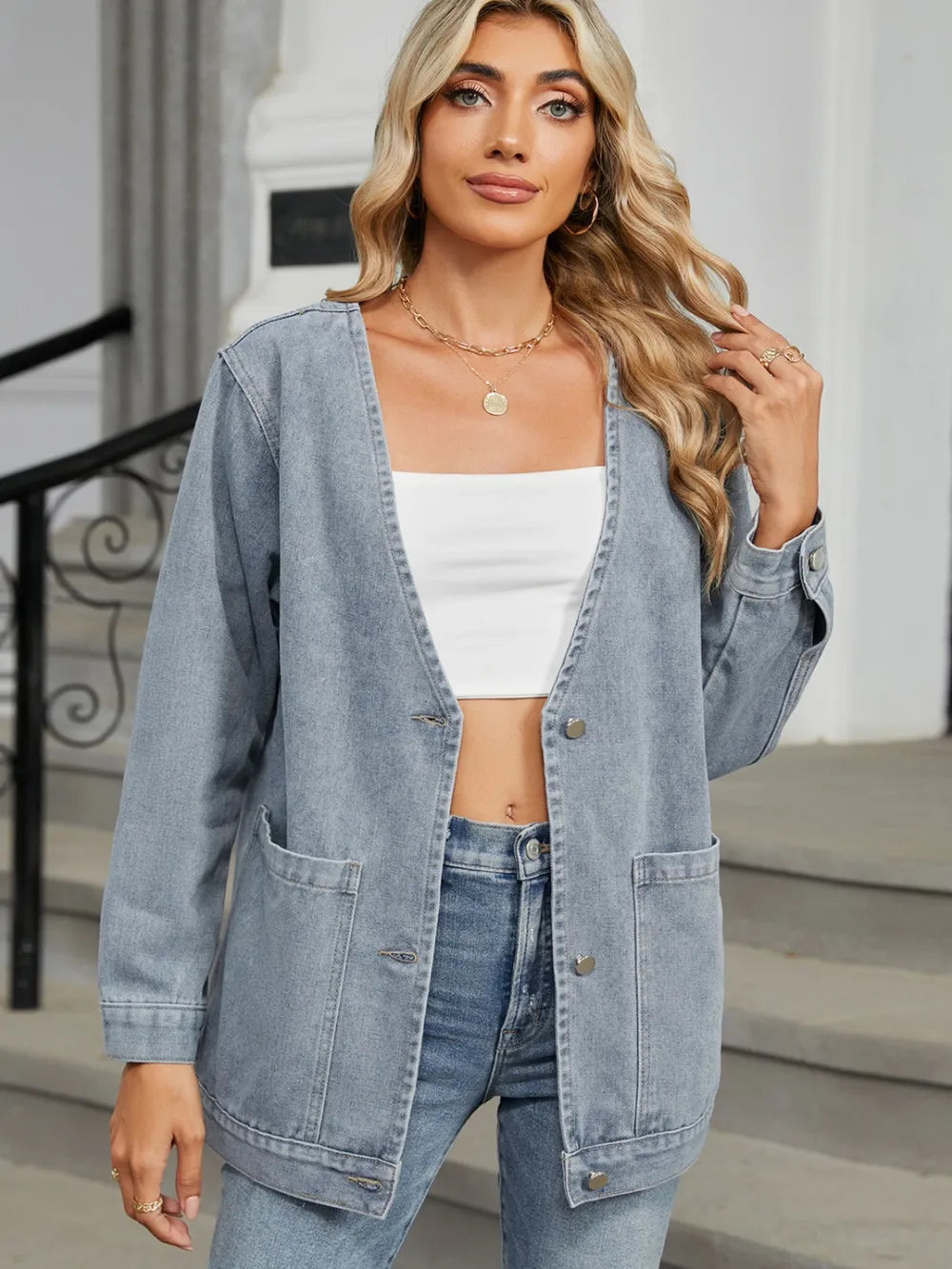 Pocketed V-Neck Button Up Denim Jacket, view 3