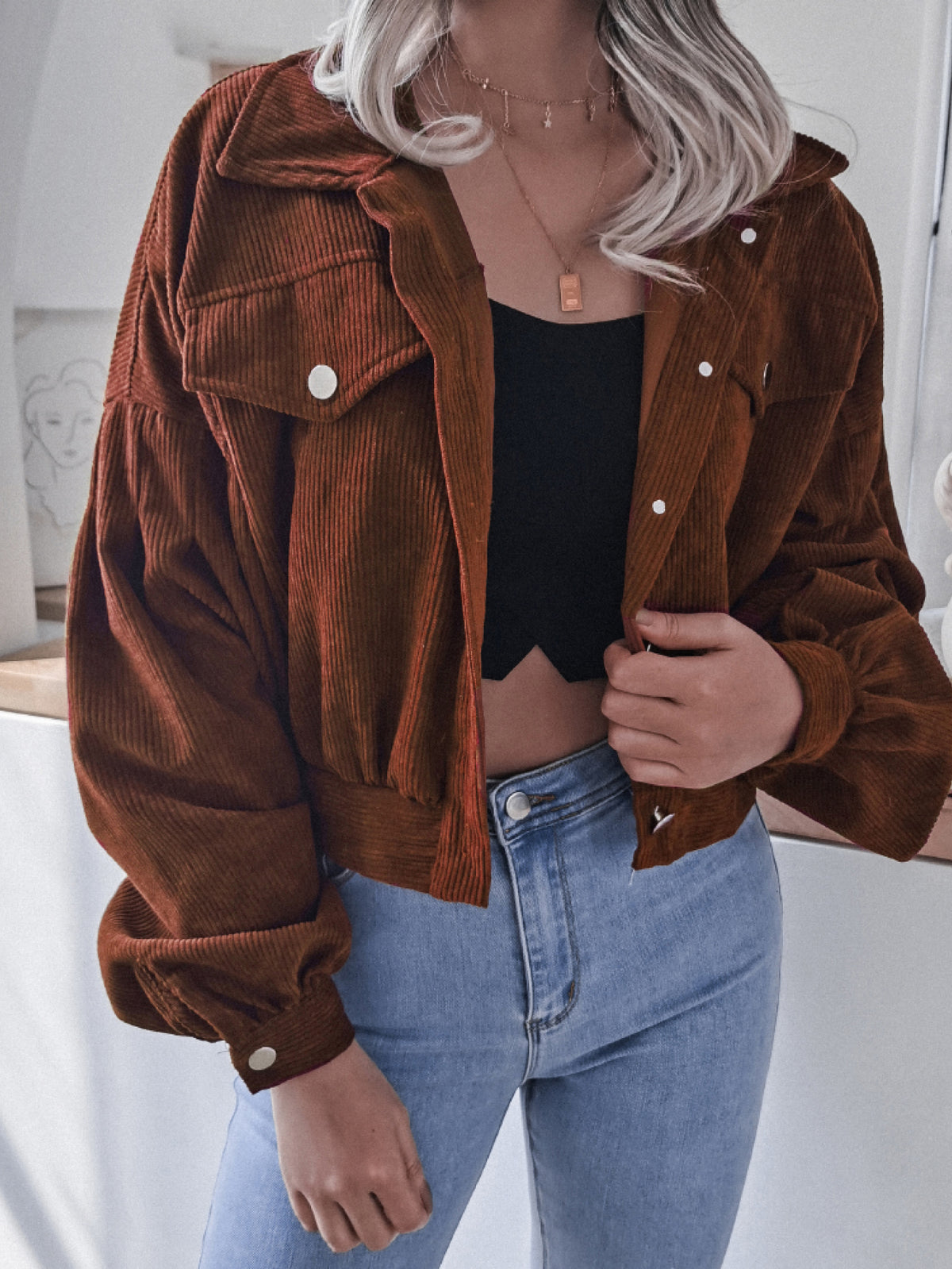 Lantern Sleeve Cropped Corduroy Jacket, view 11