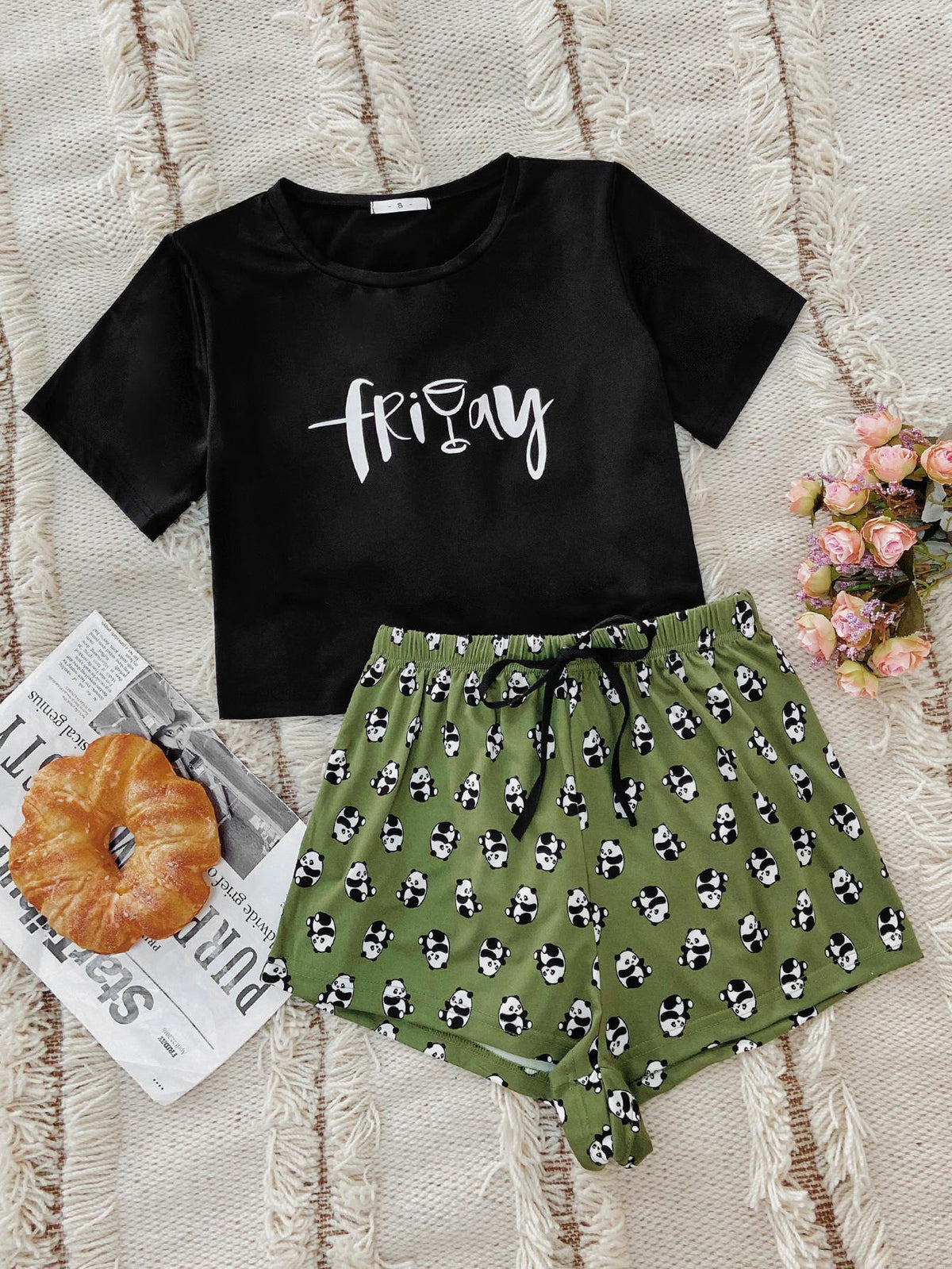 Graphic Tee and Panda Print Shorts Lounge Set - Lilixa.store