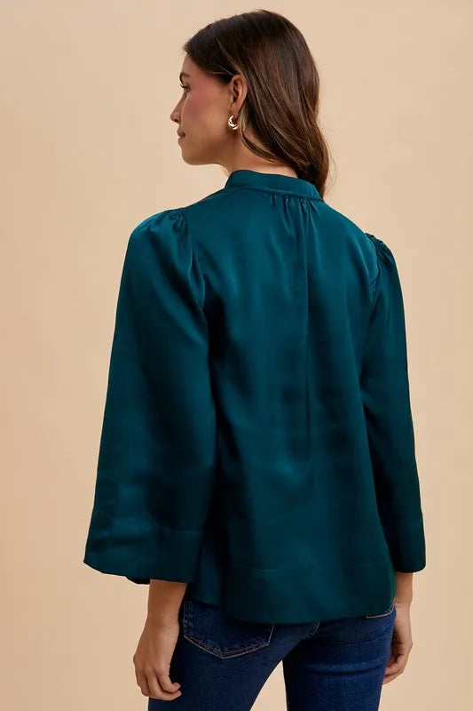 Annie Wear Satin Notched Three-Quarter Sleeve Blouse - Lilixa.store