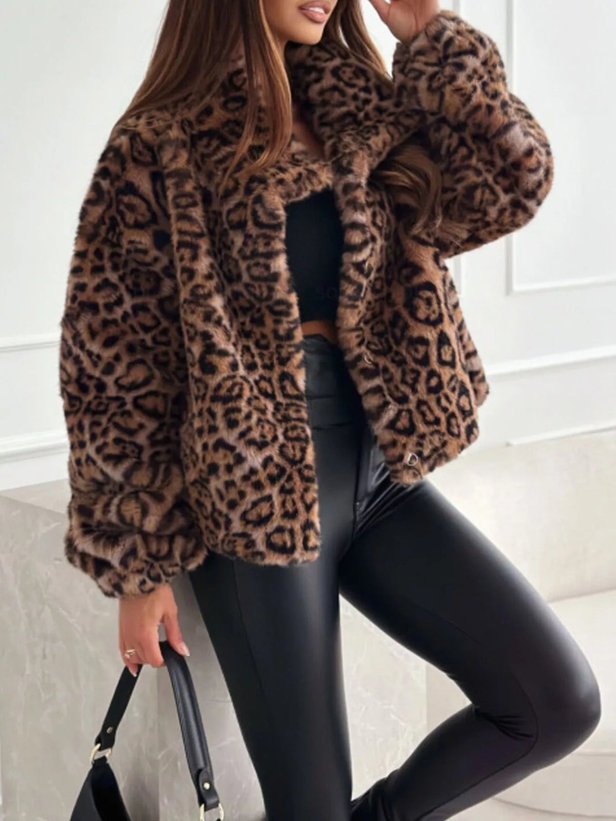 Leopard Faux Fur Cropped Jacket in Leopard Print, view 3