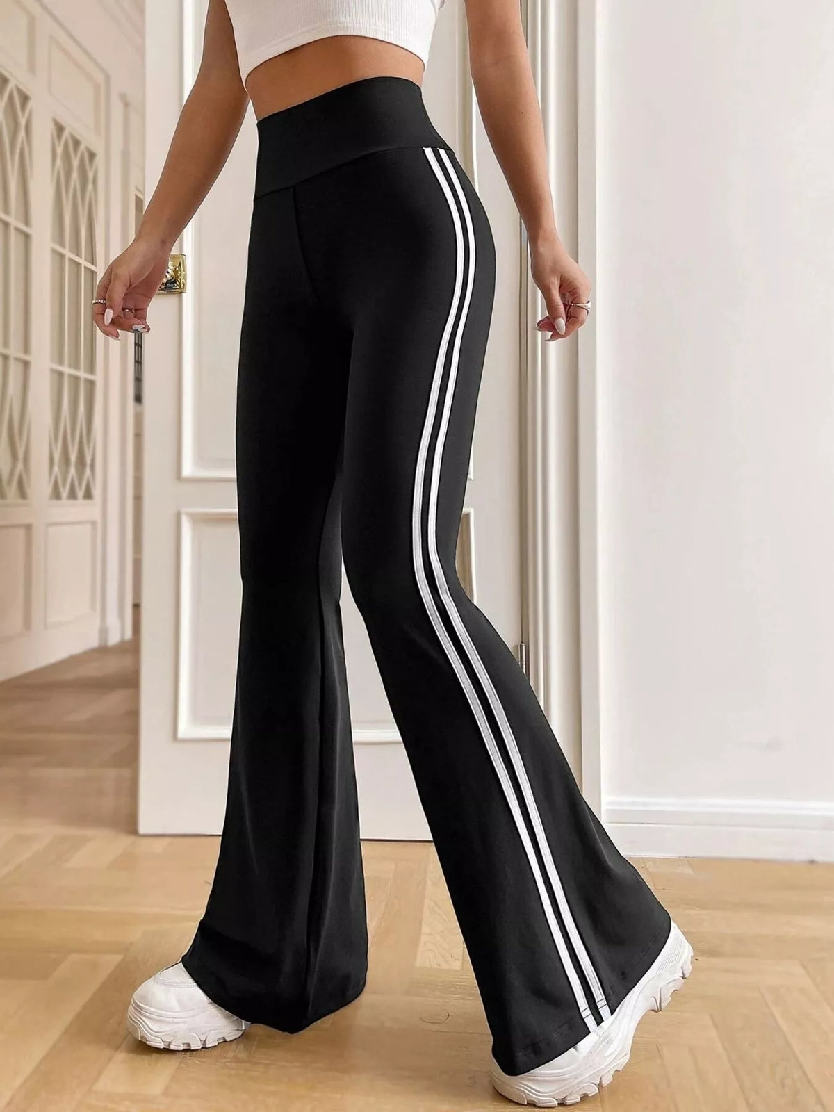 High-Waisted Side-Striped Flare Active Pants - Lilixa.store