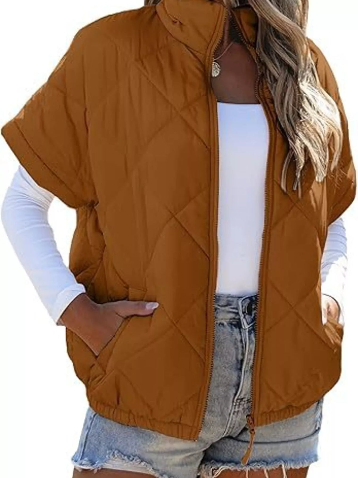 Quilted Zip Up Short Sleeve Winter Coat - Lilixa.store