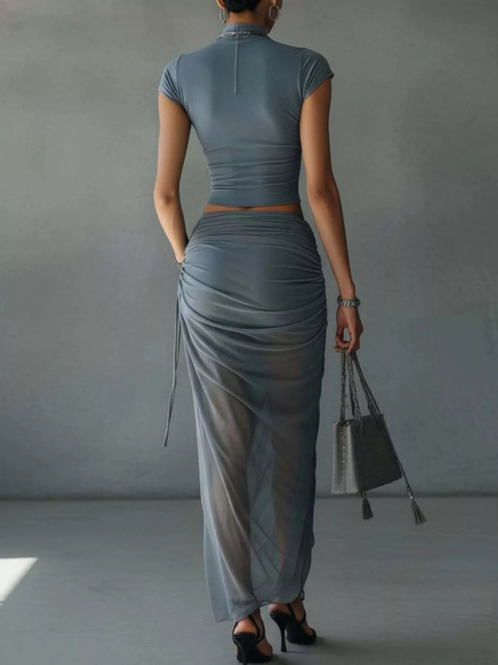 Mock Neck Crop Top and Ruched Maxi Skirt Set - Lilixa.store