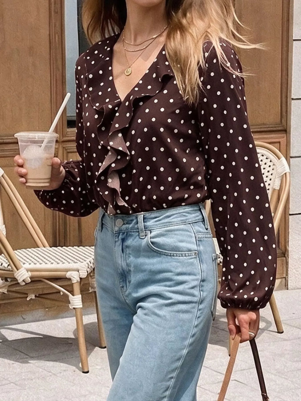 Polka Dot Ruffled V-Neck Bodysuit - Lilixa.store