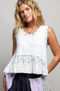 POL Floral Print Patche Round Neck Ribbed Tank with Double Gauze Ruffle Accents - Lilixa.store