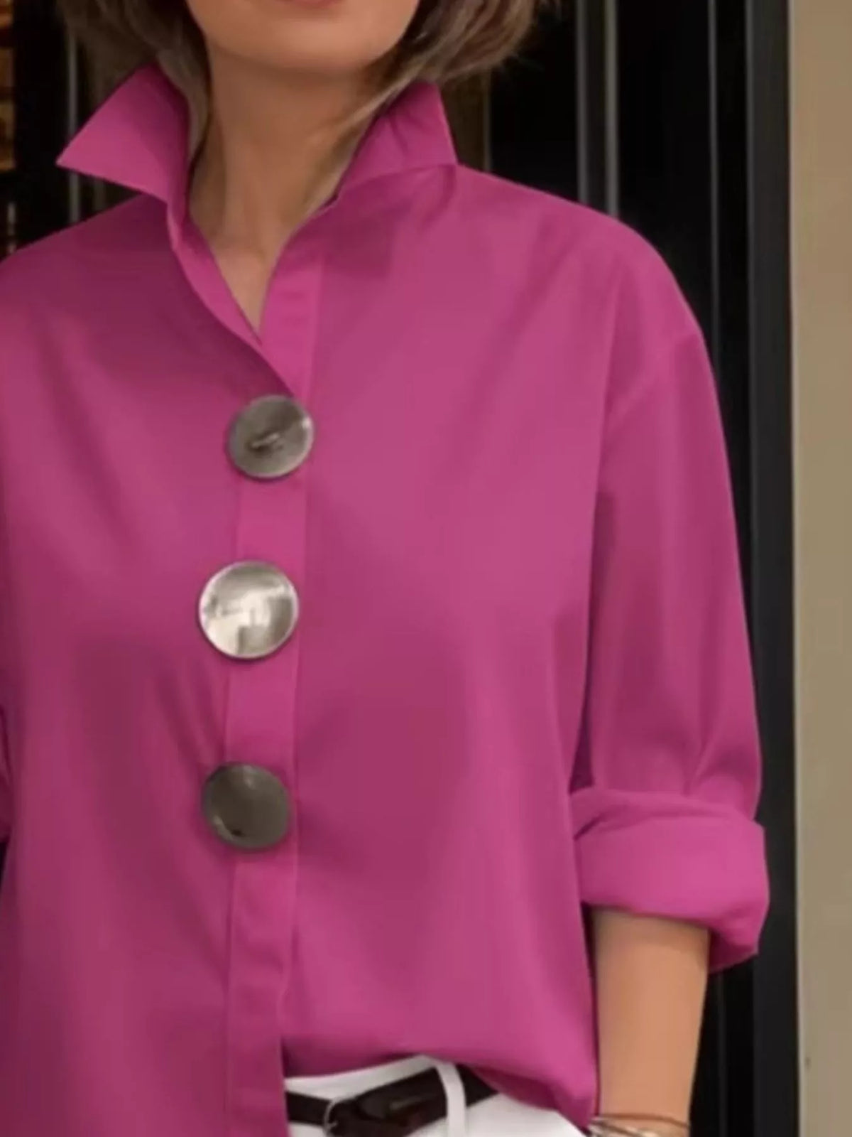 Full Size Oversized Metal Button Long Sleeve Shirt Plus Size - Lilixa.store