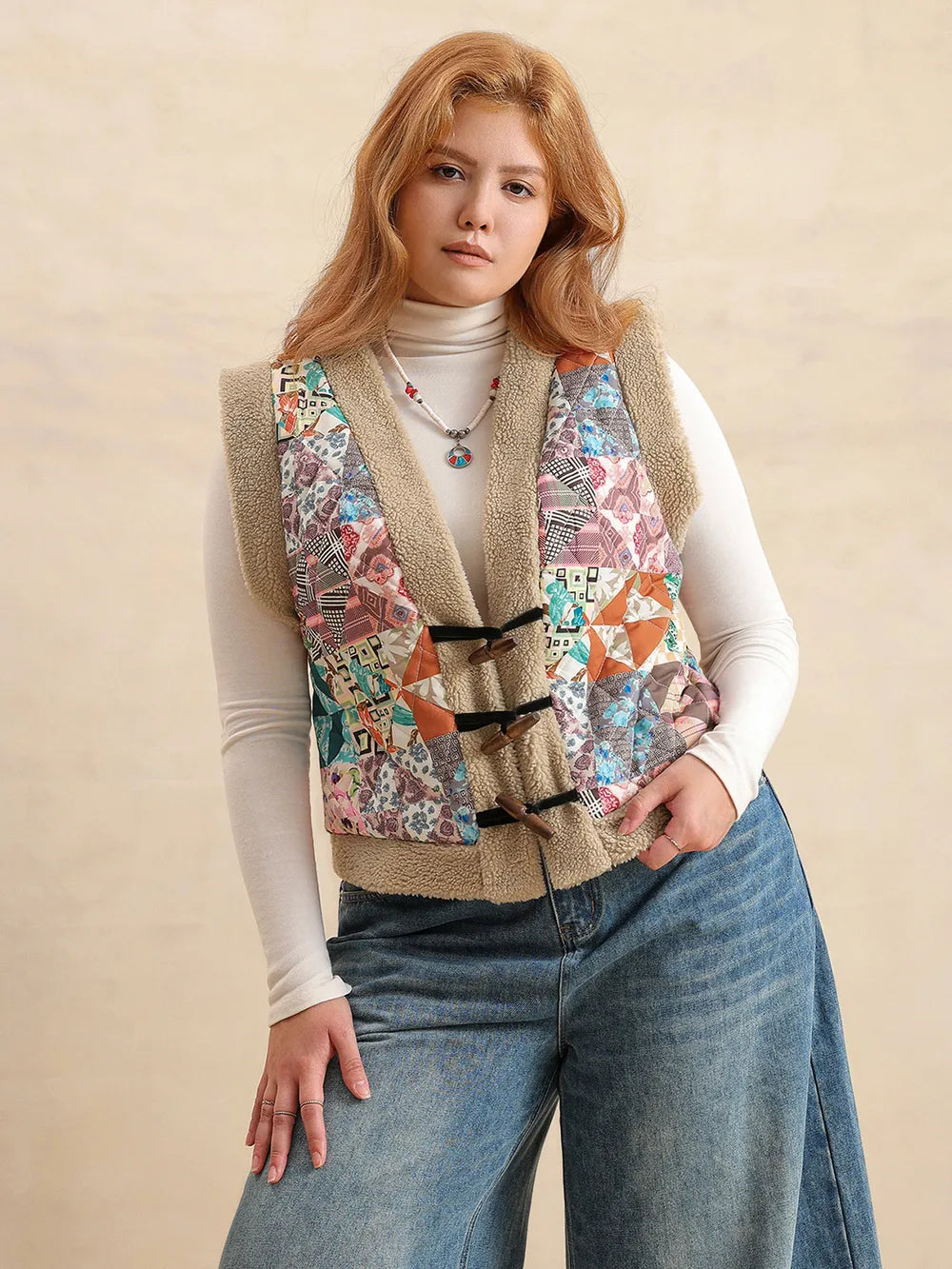 Plus Size Printed Sherpa Vest Coat in Multicolor