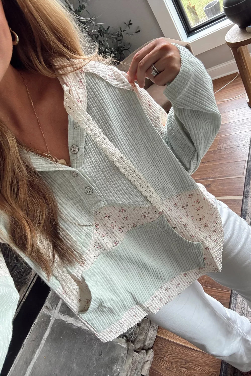Lace Trim Floral Patchwork Button Detail Blouse - Lilixa.store