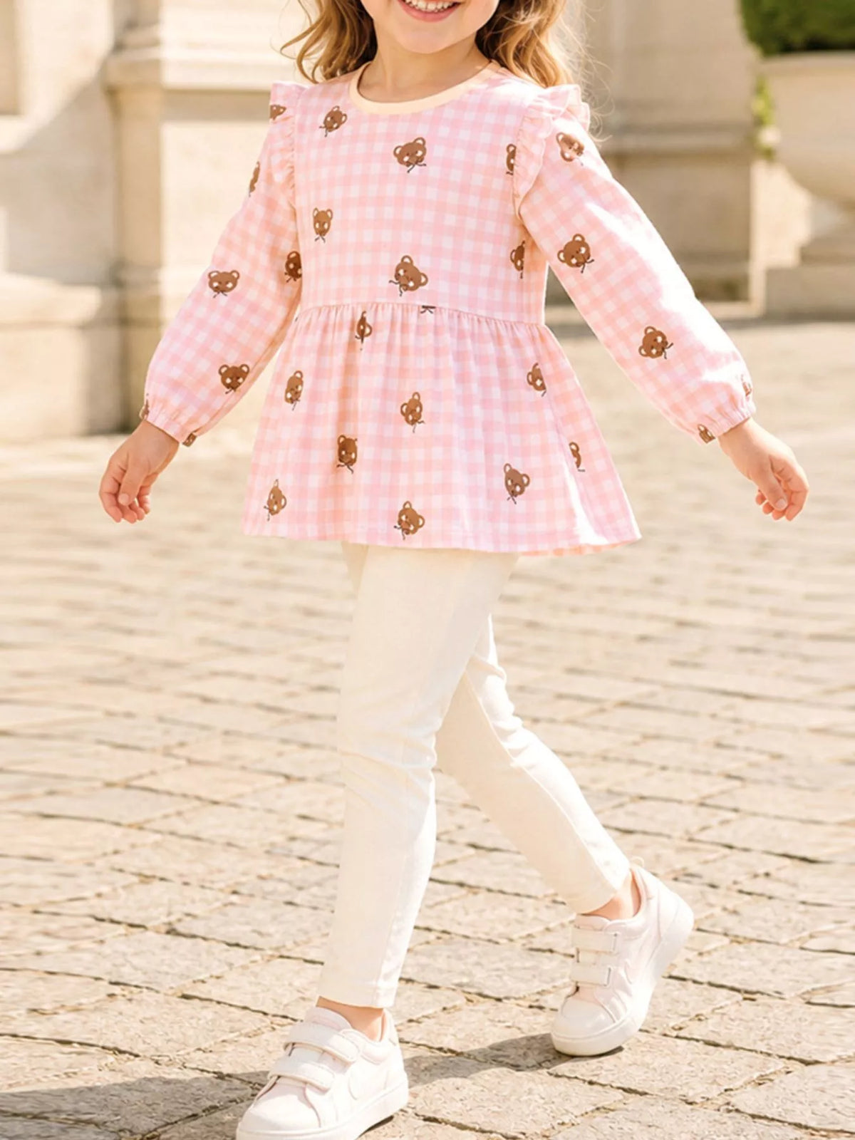 Children's Gingham Bear Print Peplum Top and Leggings Set - Lilixa.store