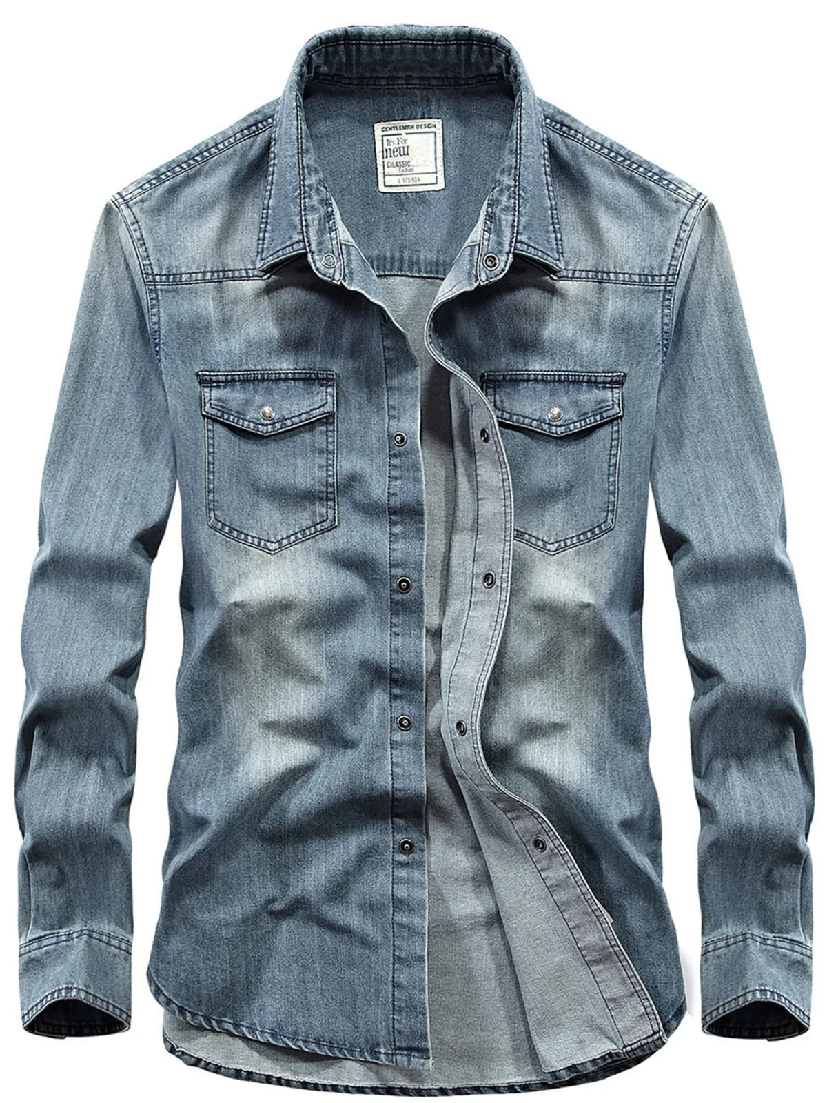 Men's Plus Size Classic Washed Denim Shirt with Double Chest Pockets - Lilixa.store