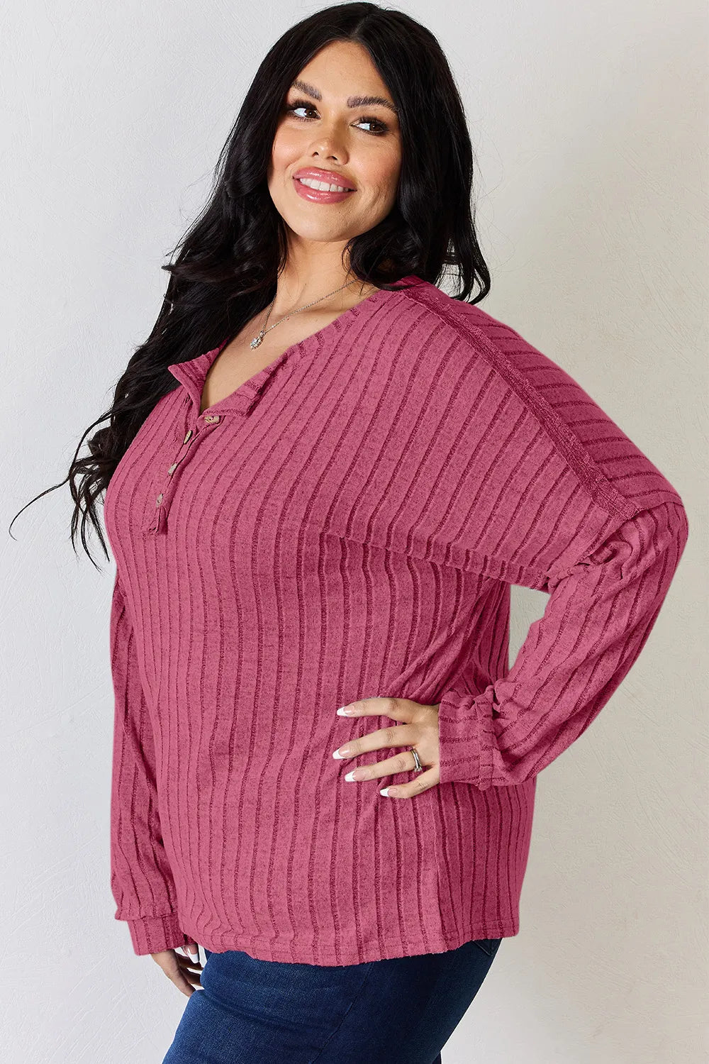 Basic Bae Full Size Ribbed Half Button Long Sleeve T-Shirt - Lilixa.store
