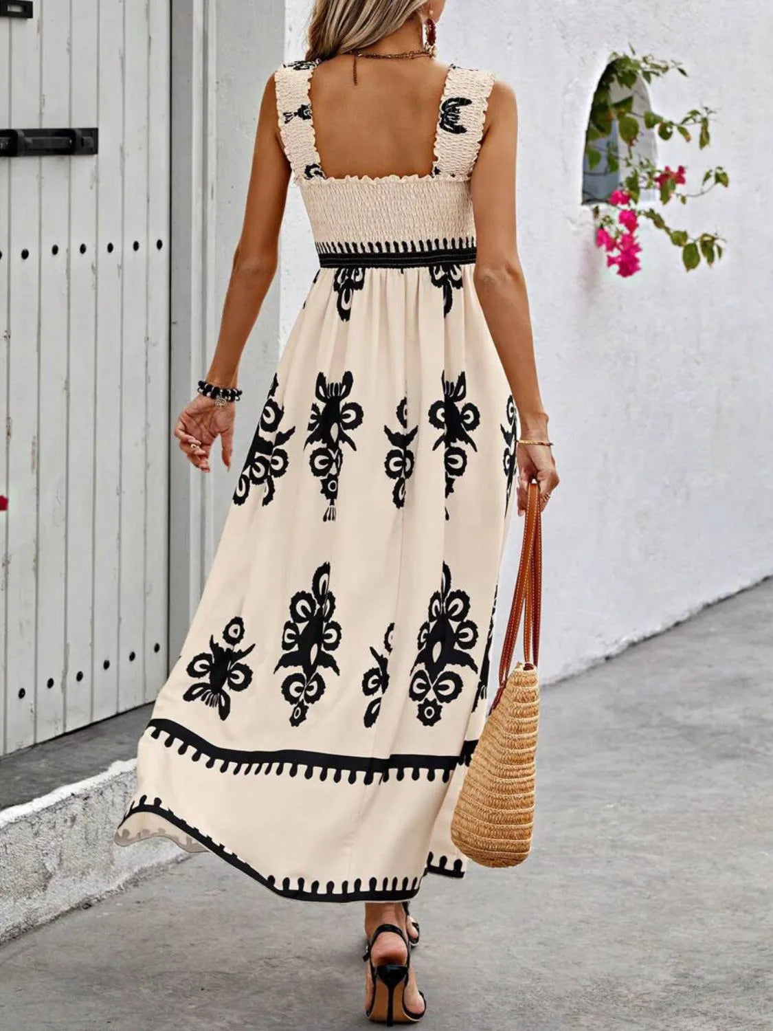 Smocked Printed Wide Strap Maxi Dress, view 7