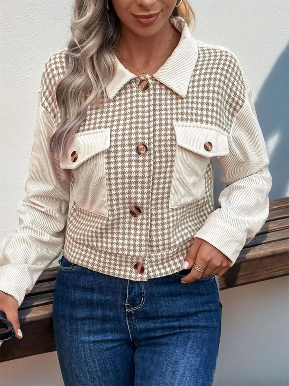Perfee Pocketed Houndstooth Long Sleeve Jacket in Beige, view 3