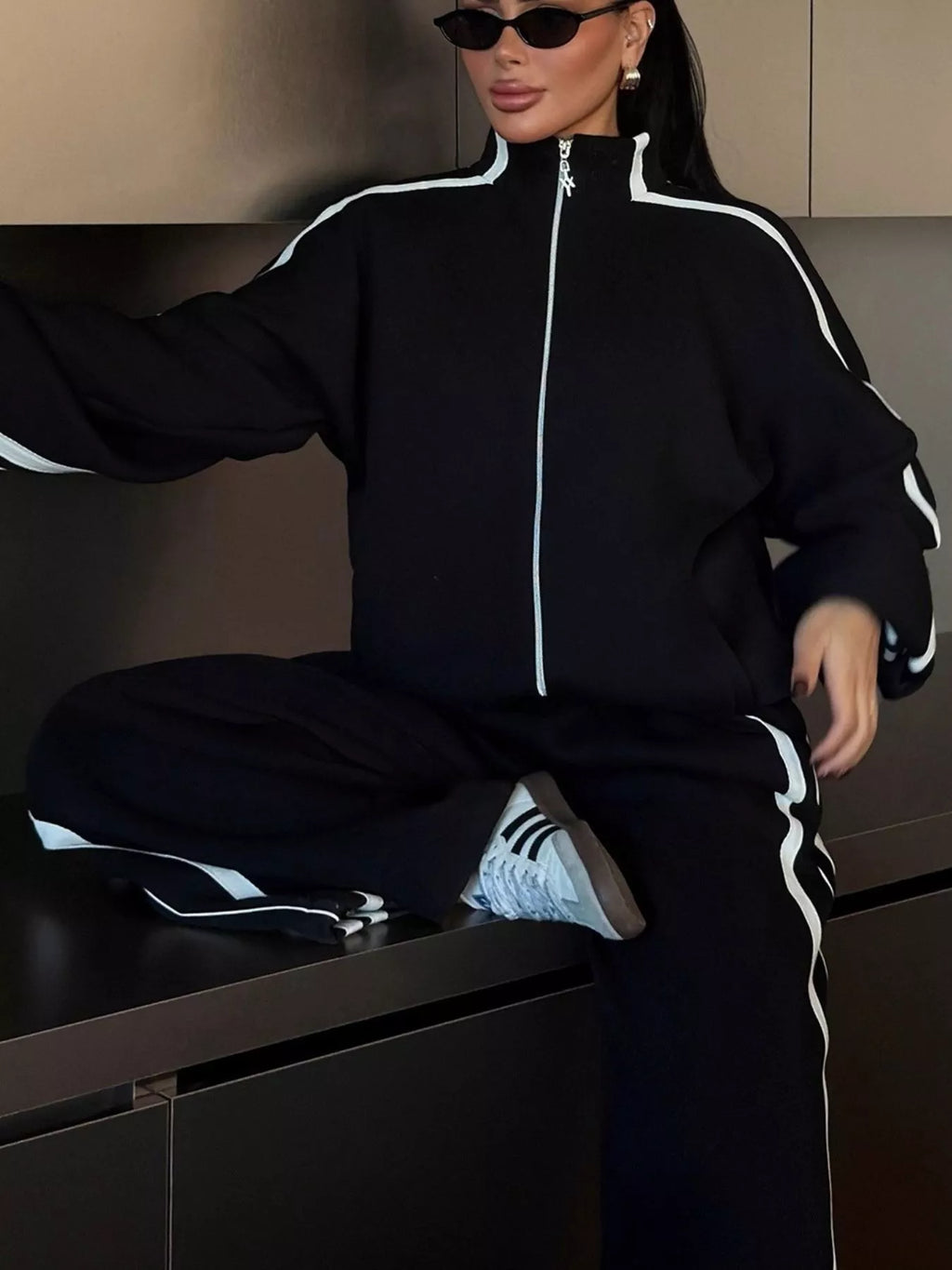 Side Stripes Zip Up Top and Pants Set - Lilixa.store