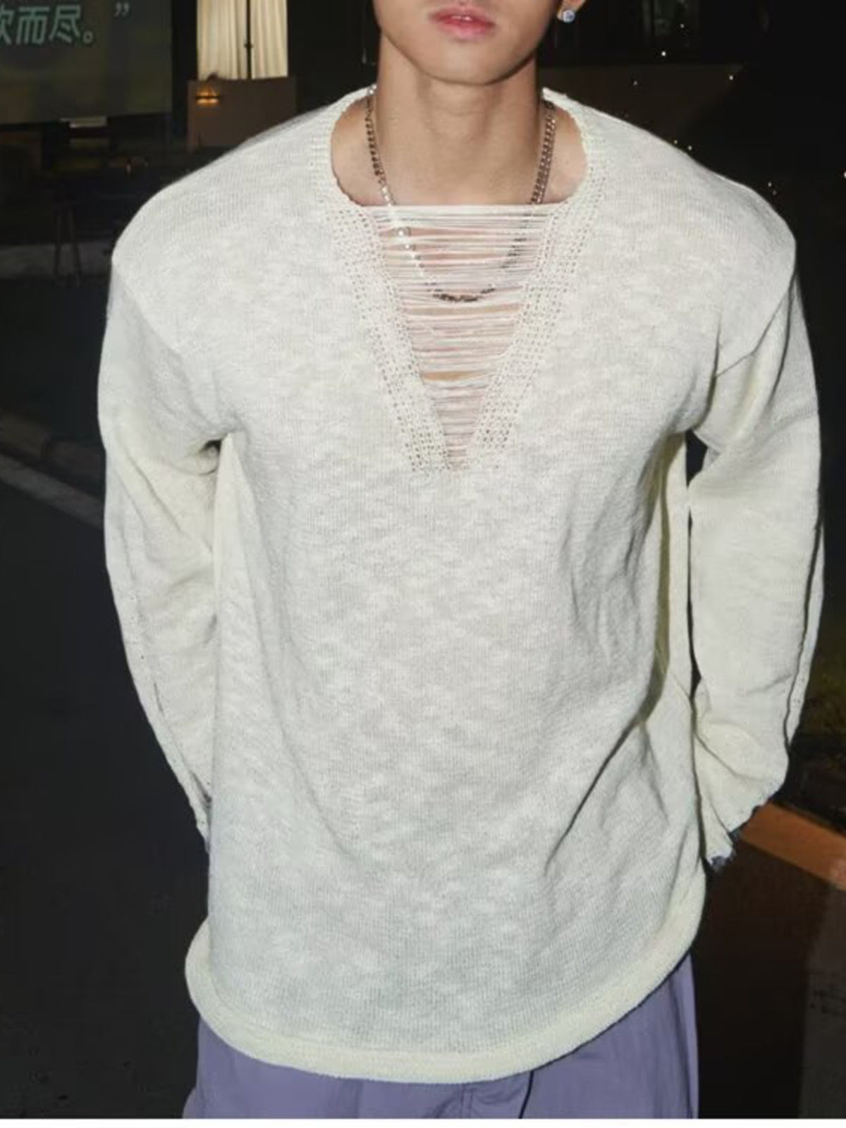 Men's Full Size Distressed Long Sleeve Sweater Plus Size