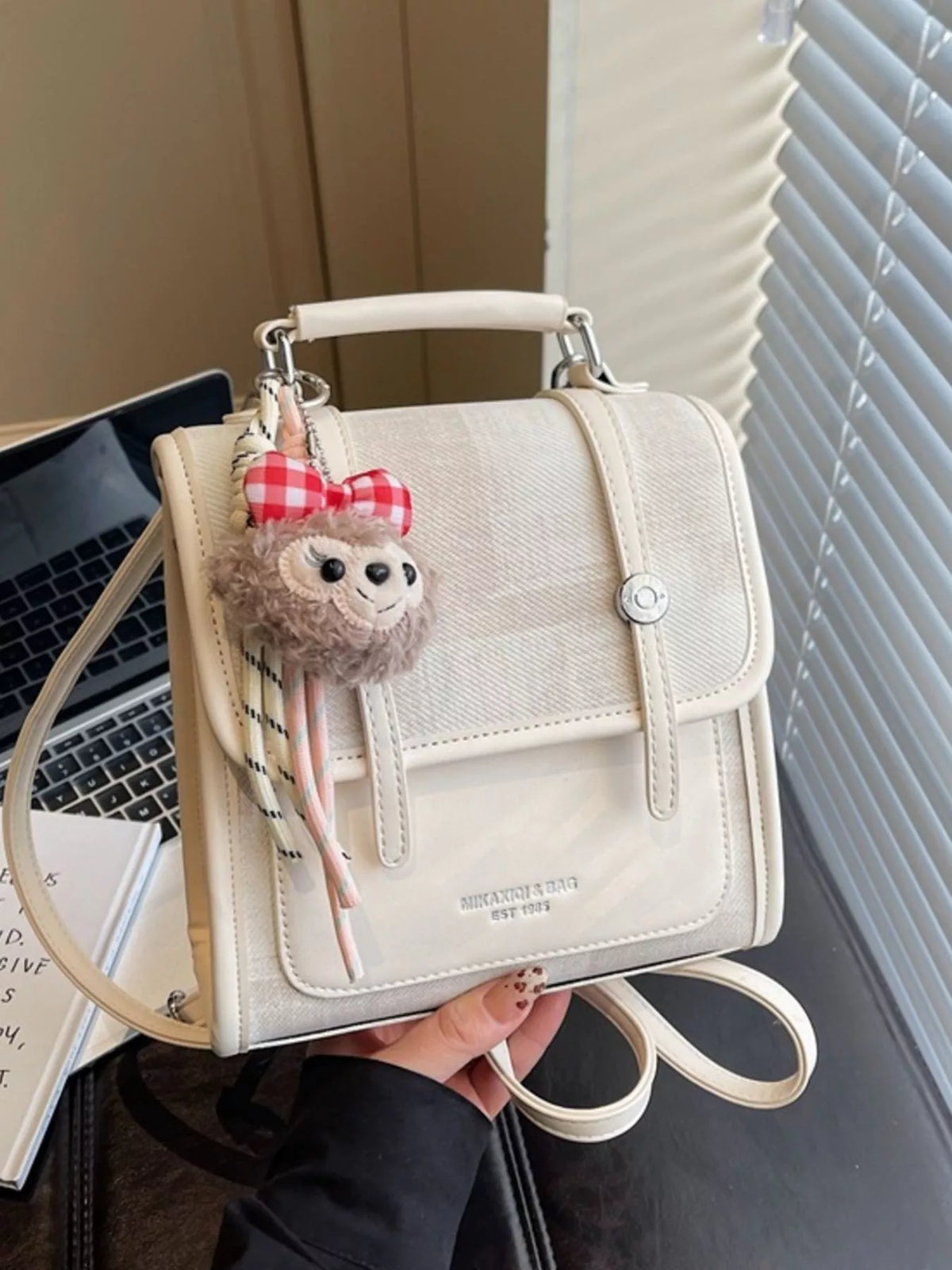 Flap Backpack Bag with Plush Charm