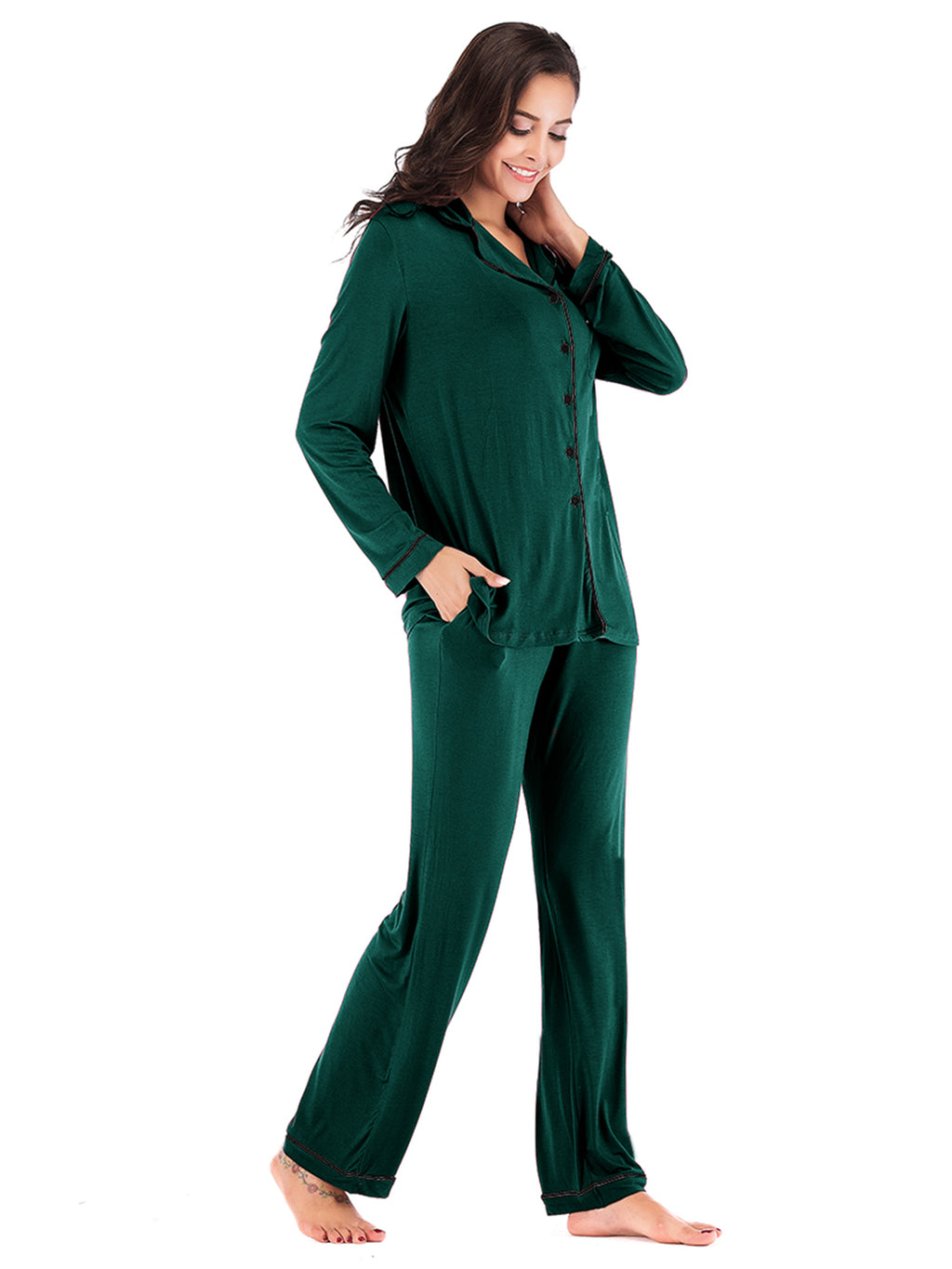 Collared Neck Long Sleeve Loungewear Set with Pockets - Lilixa.store