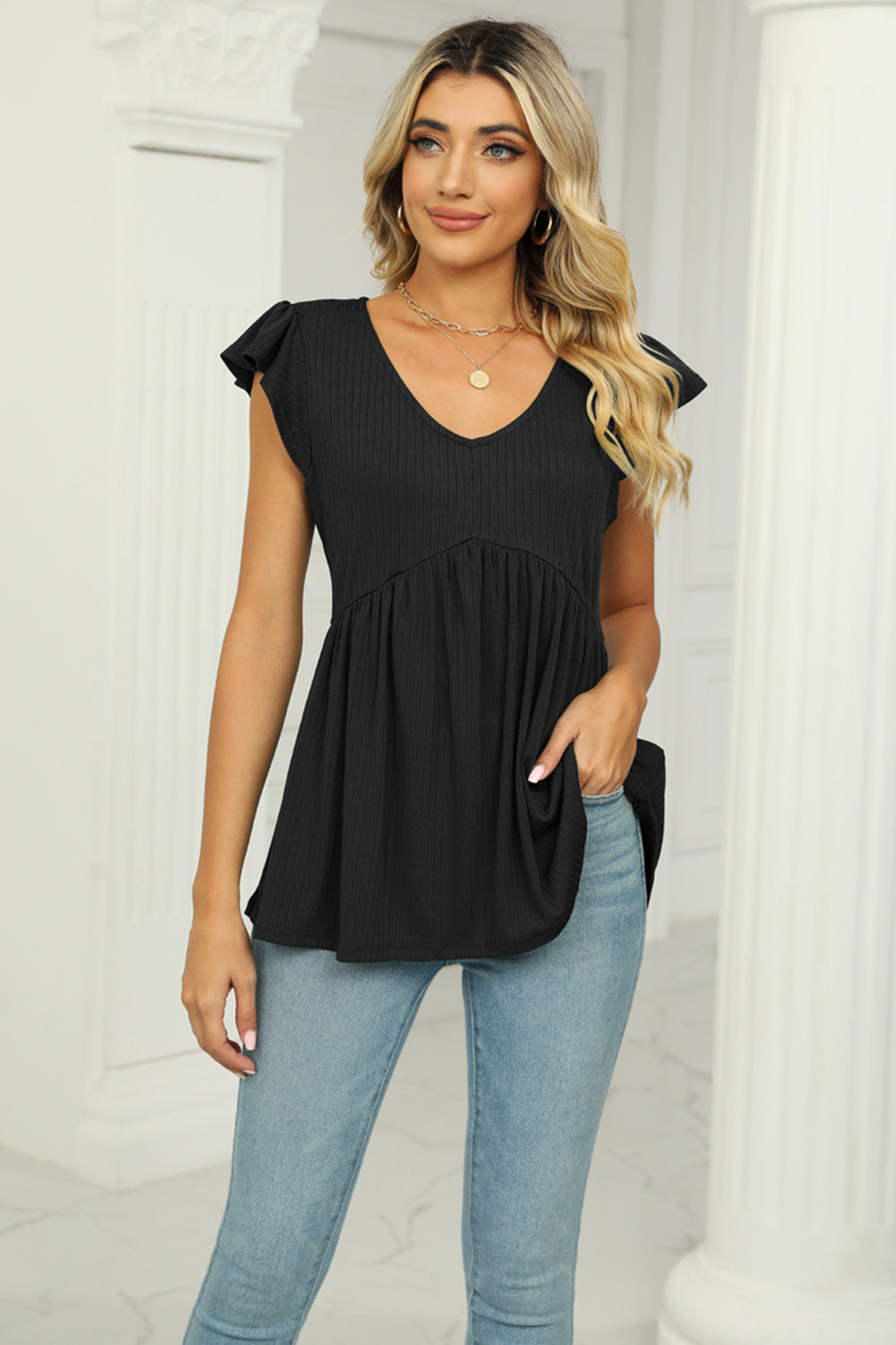 V-Neck Flutter Sleeve Babydoll Blouse - Lilixa.store