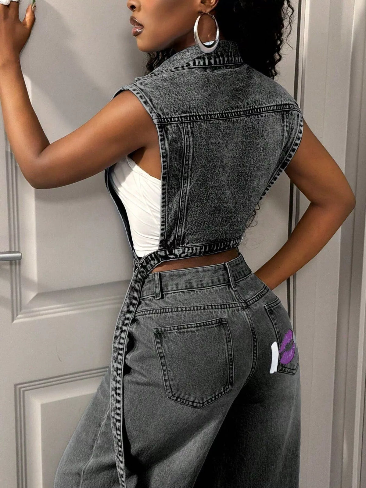 High-Low Open Front Denim Vest, view 16