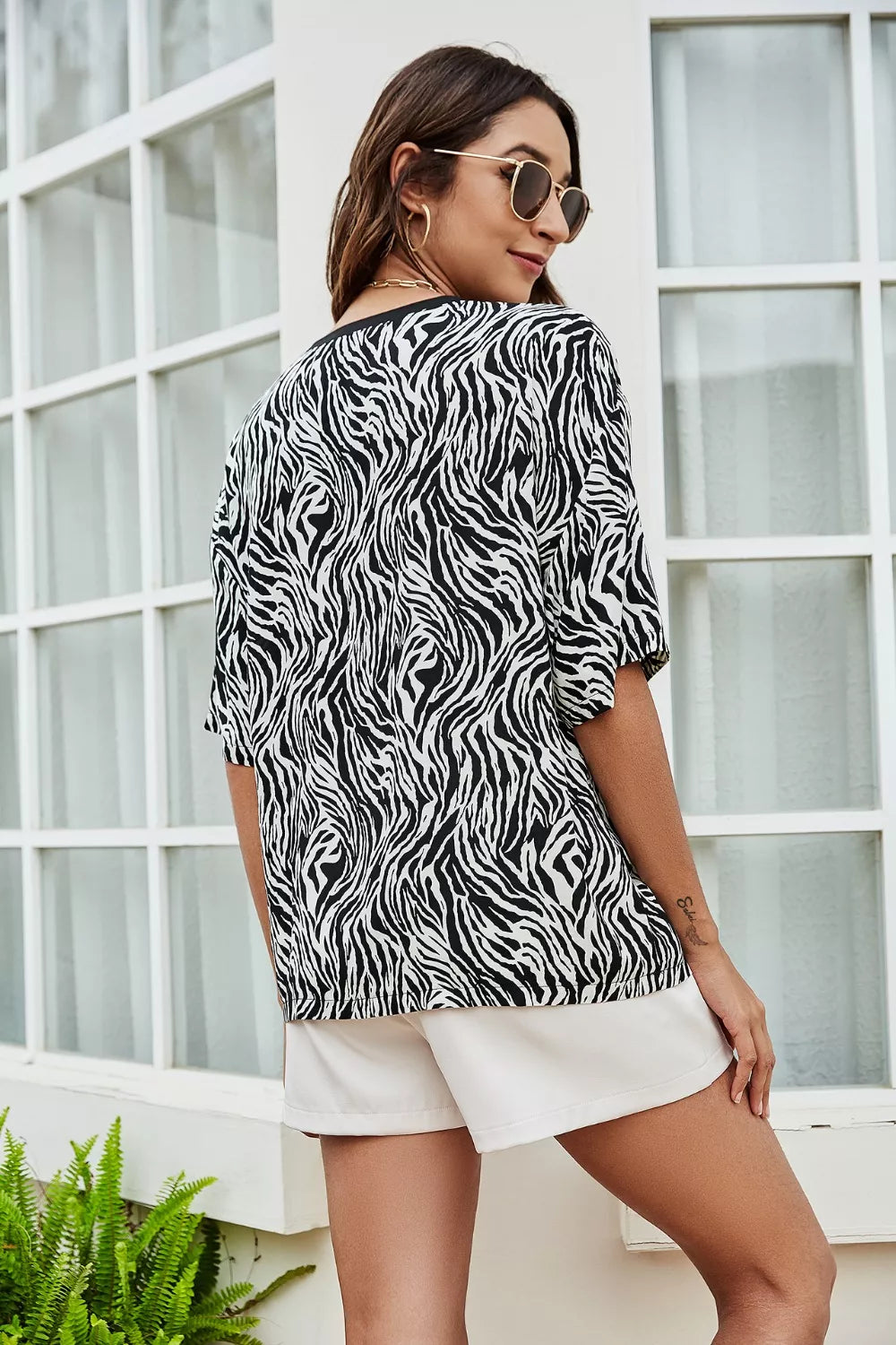 Printed Round Neck Half Sleeve Top - Lilixa.store