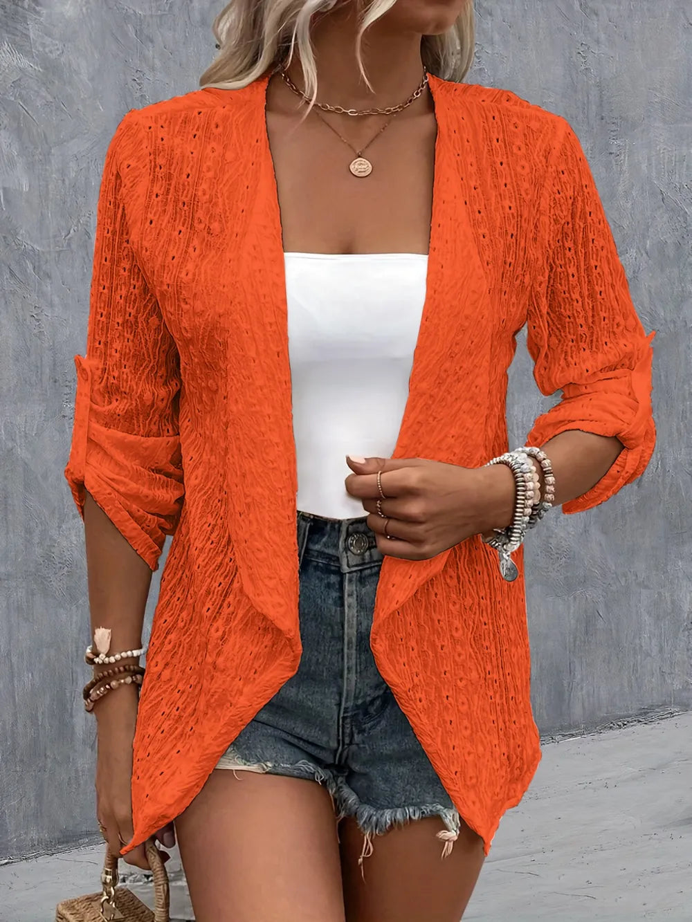 Eyelet Roll-Tab Sleeve Cardigan - Lilixa.store