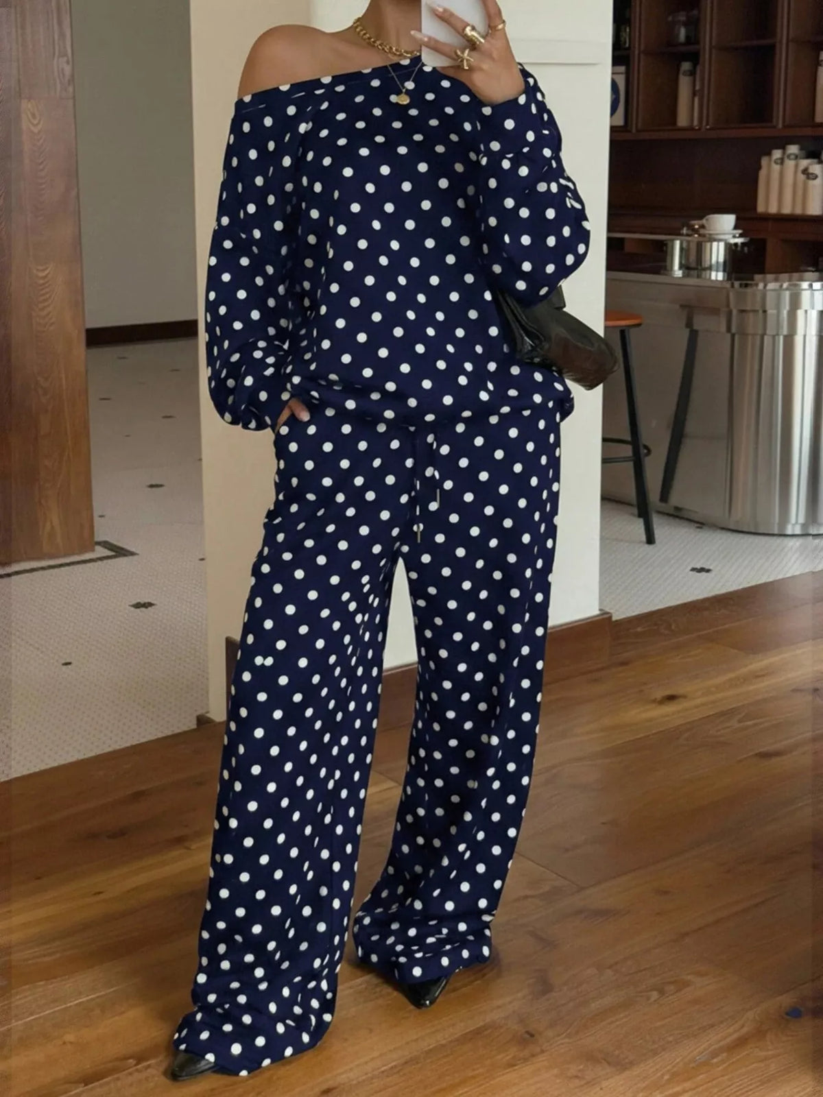 Polka Dot Boat Neck Top and Pants Set - Lilixa.store
